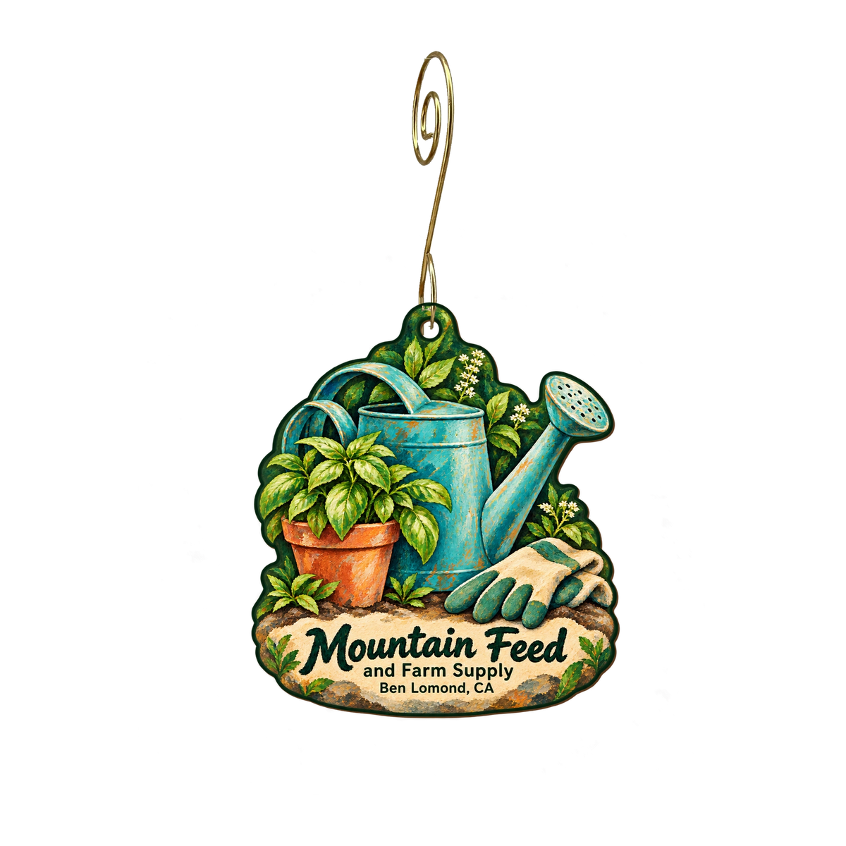 Mountain Feed and Farm Supply — Store identity custom wood ornament OC1841, photographic gold spiral hook