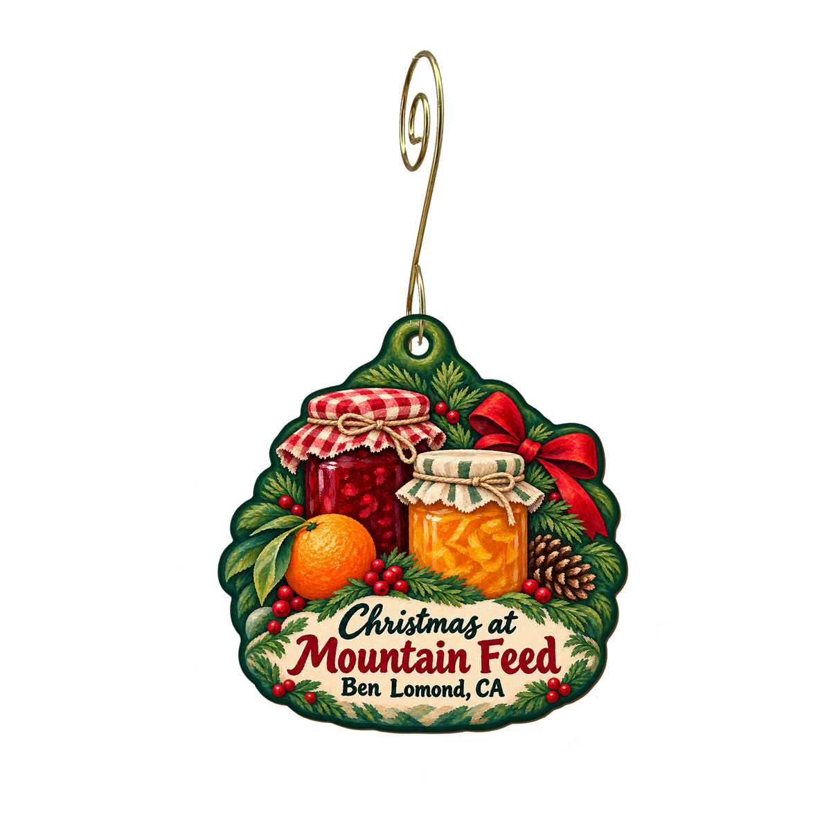 Mountain Feed and Farm Supply — Christmas custom wood ornament OC1842, photographic gold spiral hook
