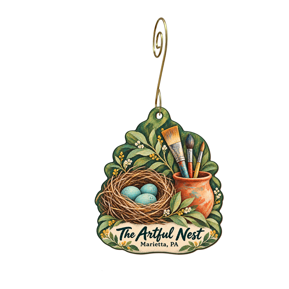 The Artful Nest — Store identity custom wood ornament OC1844, photographic gold spiral hook