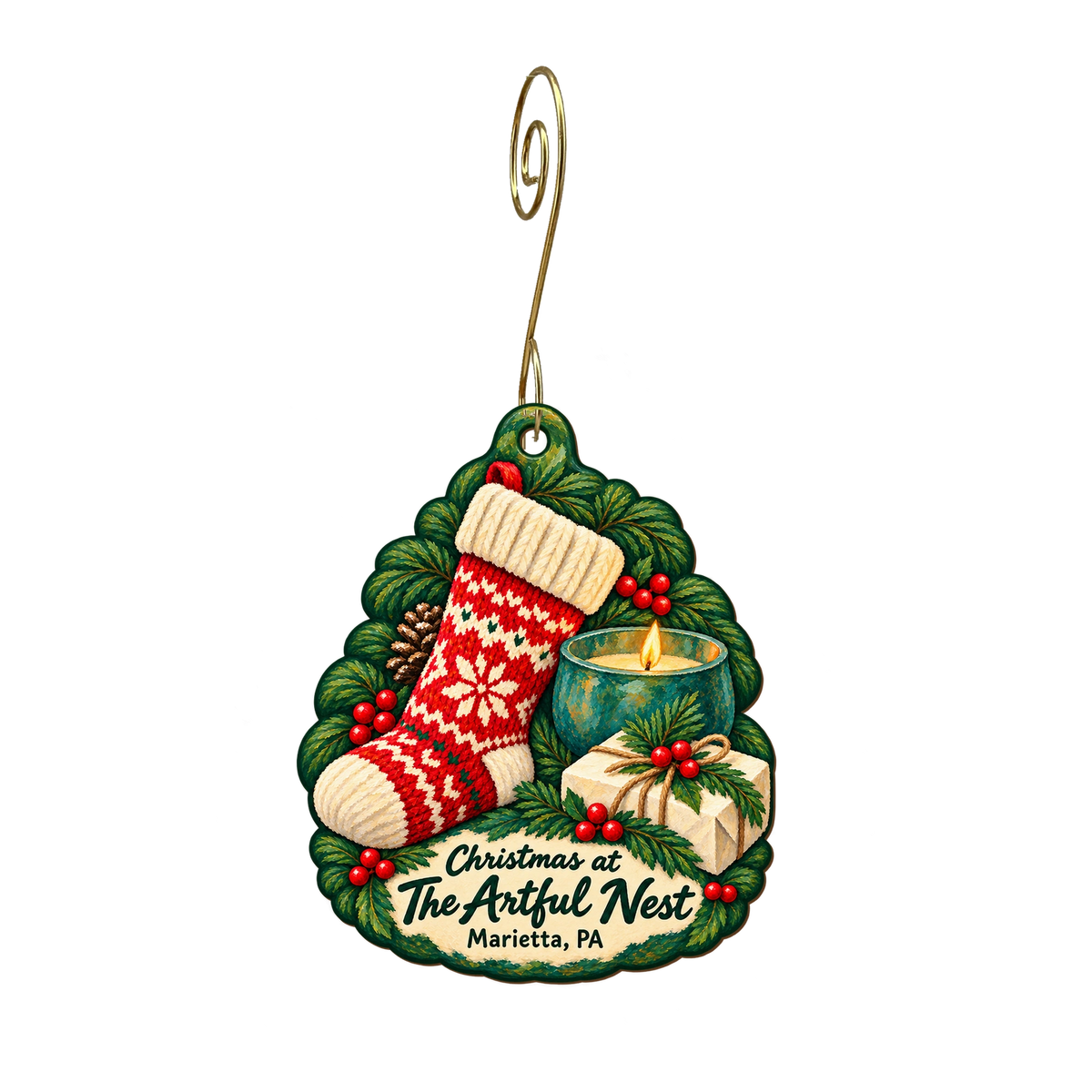 The Artful Nest — Christmas custom wood ornament OC1845, photographic gold spiral hook