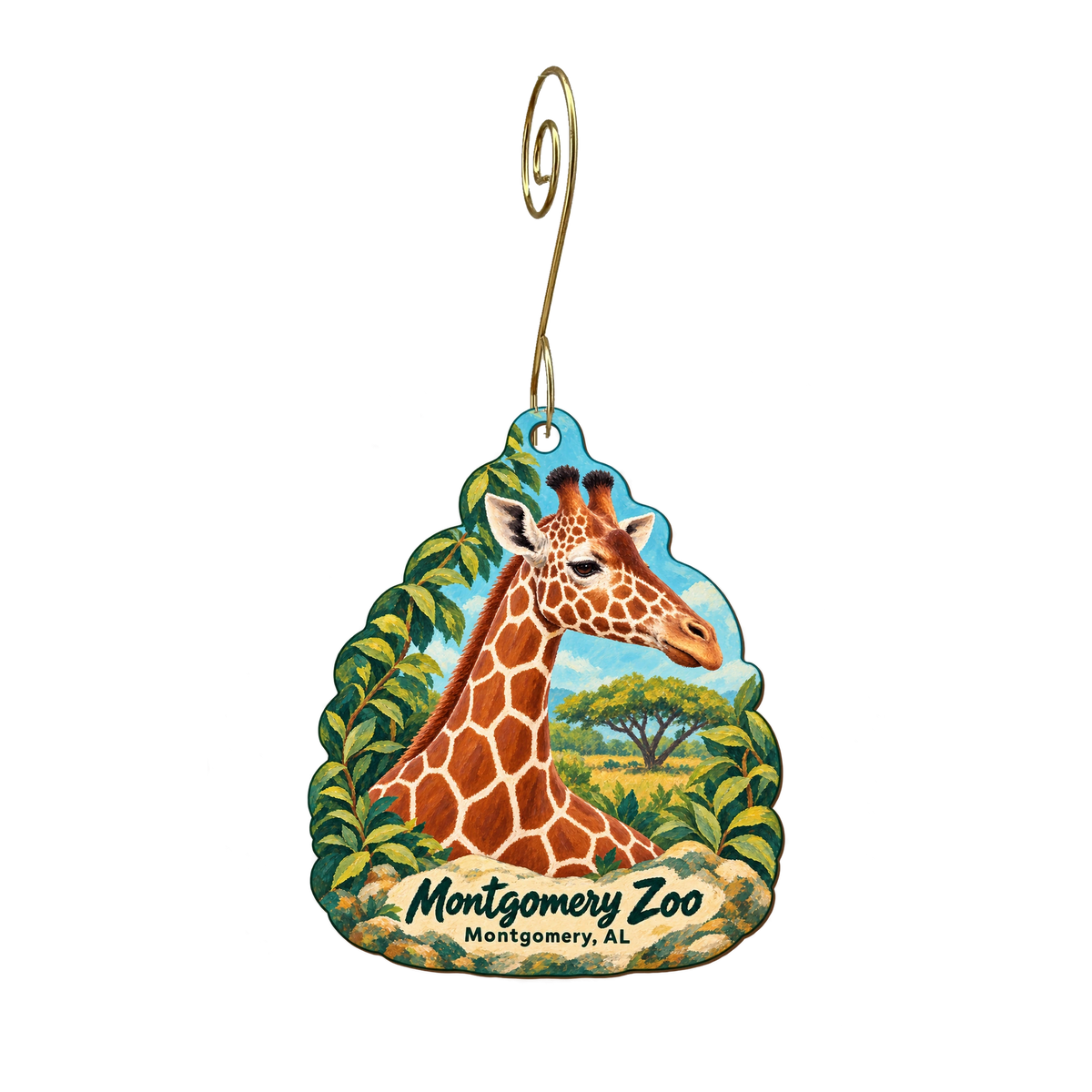Montgomery Zoo — Store identity custom wood ornament OC1847, photographic gold spiral hook