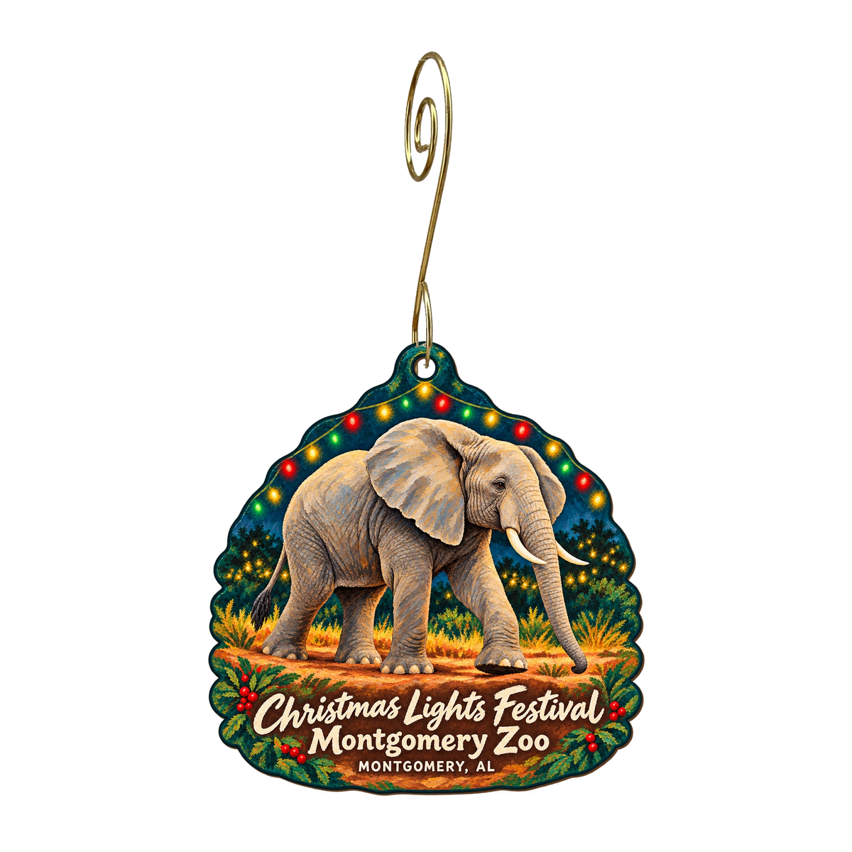 Montgomery Zoo — Christmas custom wood ornament OC1848, photographic gold spiral hook