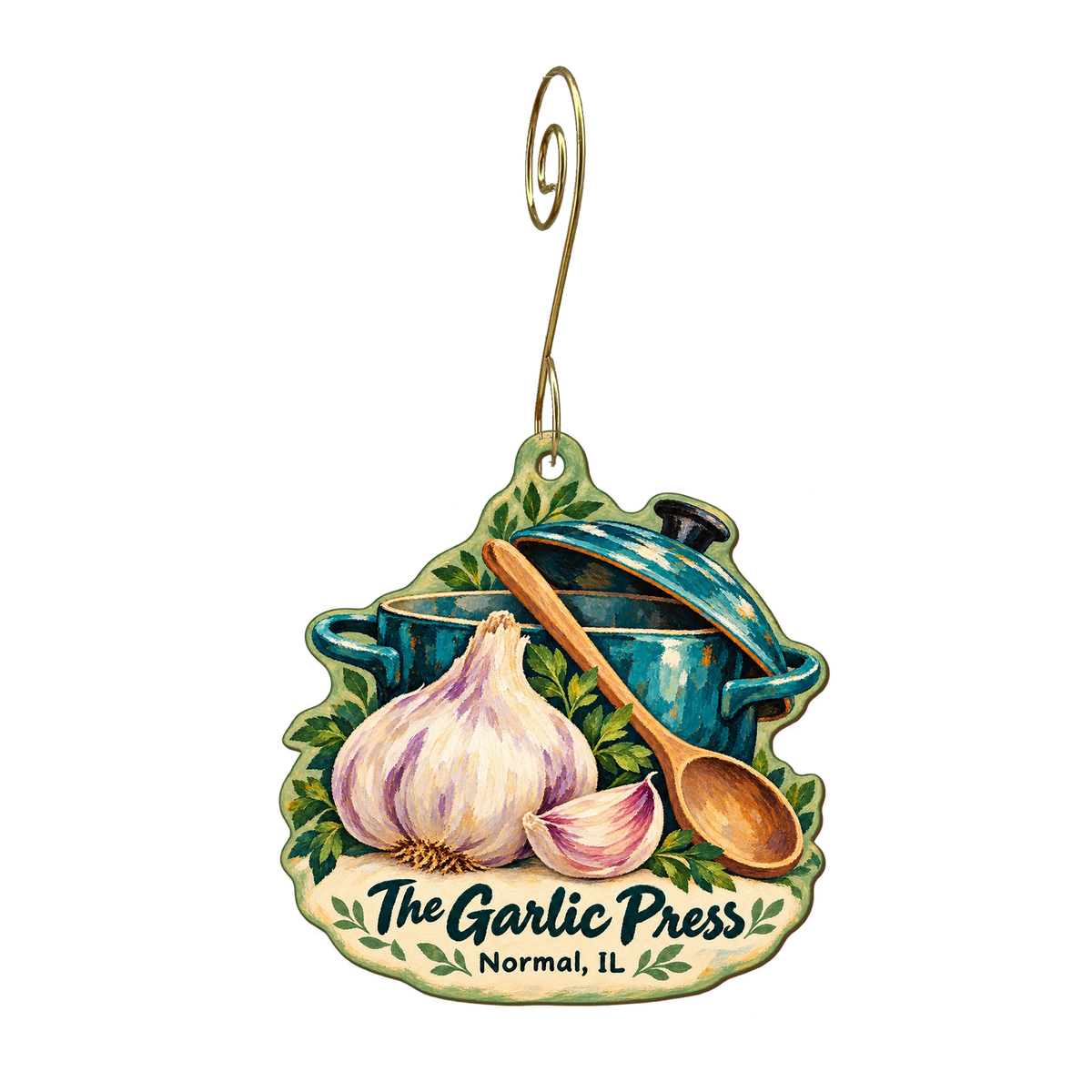 The Garlic Press — Store identity custom wood ornament OC1850, photographic gold spiral hook