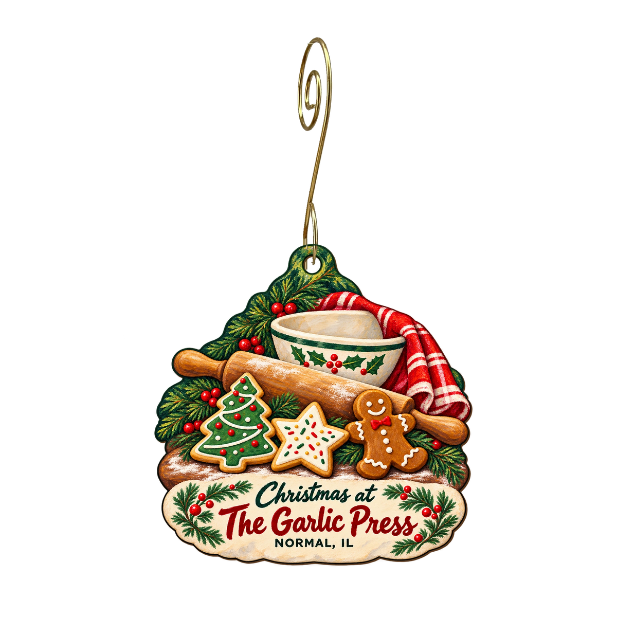 The Garlic Press — Christmas custom wood ornament OC1851, photographic gold spiral hook