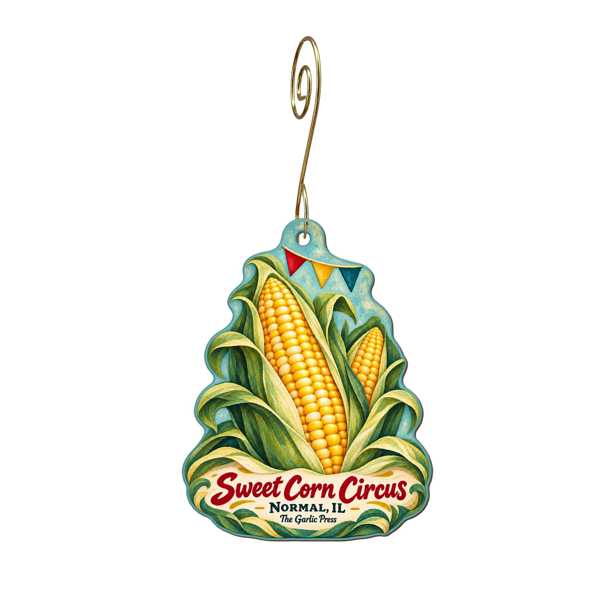 The Garlic Press — Local inspiration custom wood ornament OC1852, photographic gold spiral hook