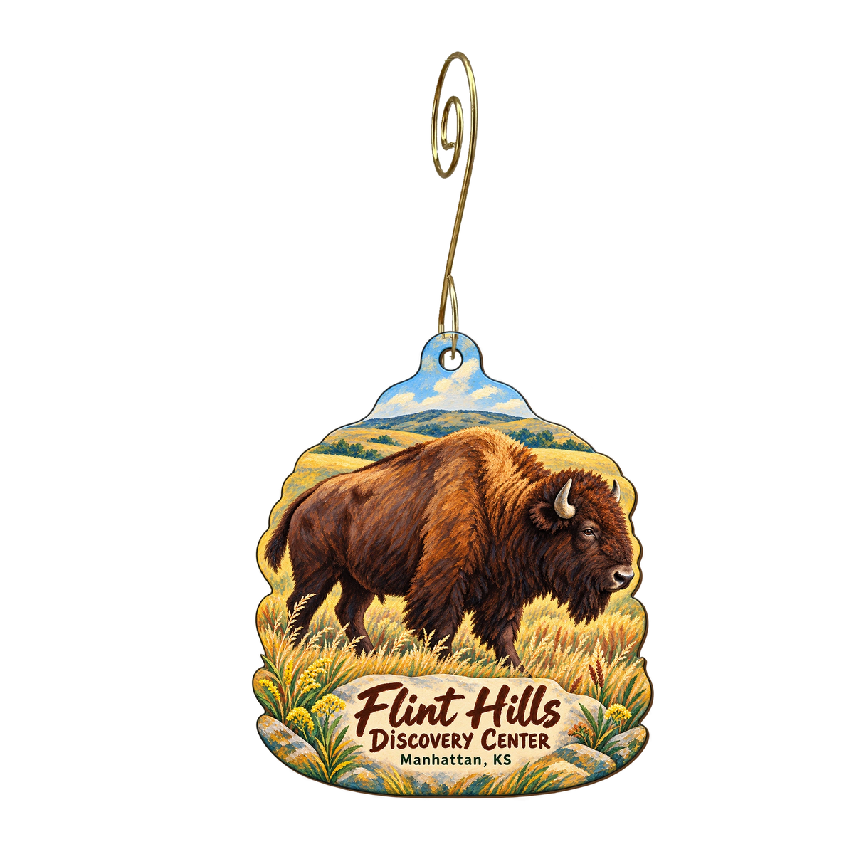 Flint Hills Discovery Center — Store identity custom wood ornament OC1853, photographic gold spiral hook