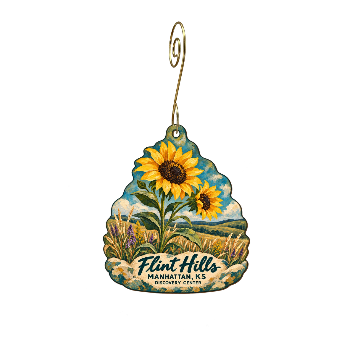 Flint Hills Discovery Center — Local inspiration custom wood ornament OC1855, photographic gold spiral hook
