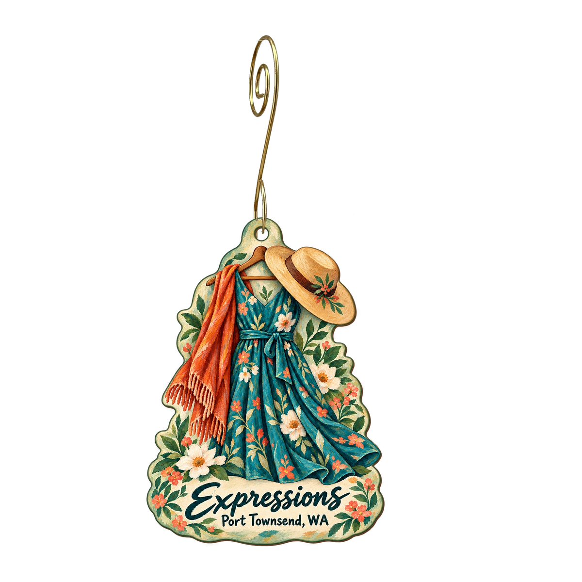 Expressions Apparel — Store identity custom wood ornament OC1856, photographic gold spiral hook