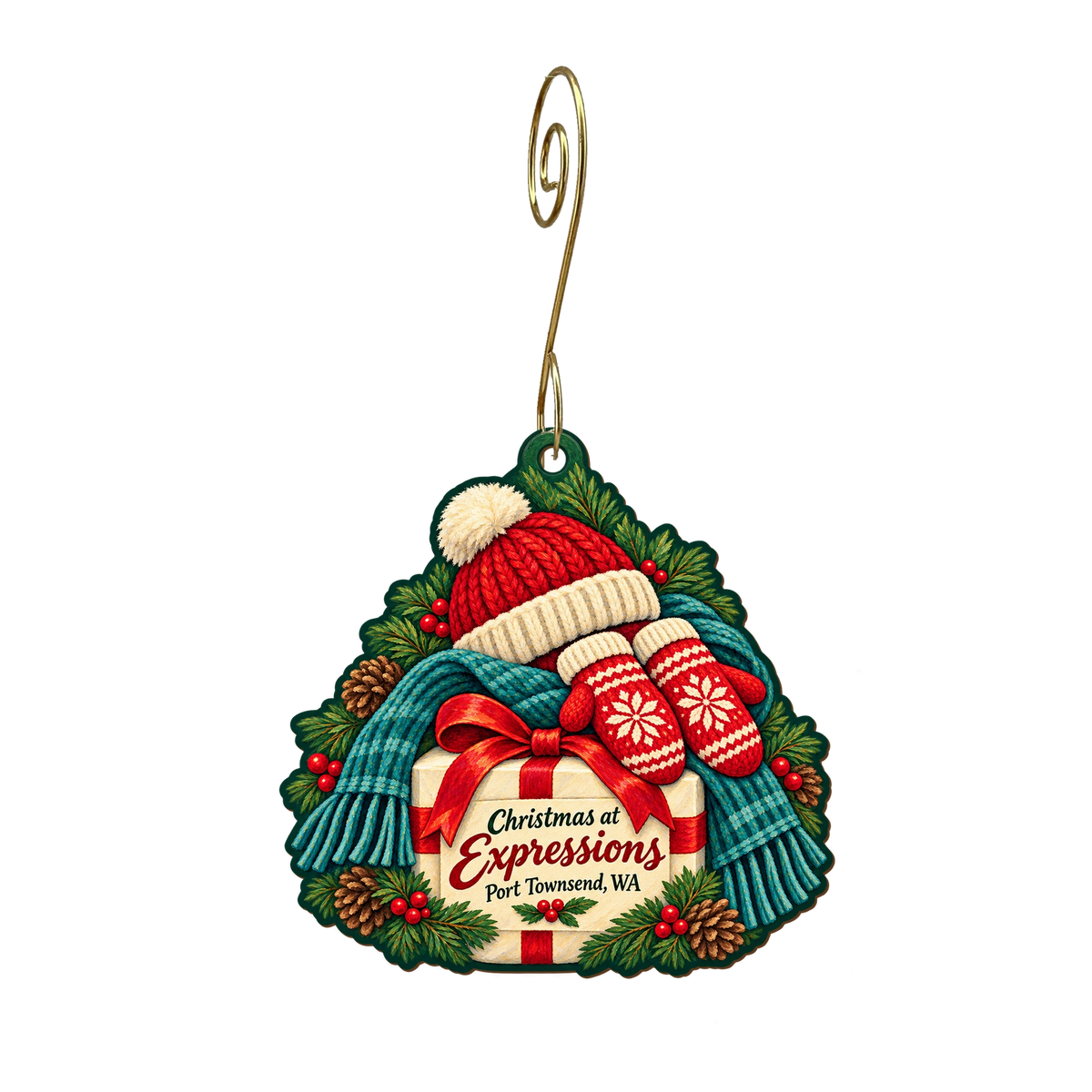 Expressions Apparel — Christmas custom wood ornament OC1857, photographic gold spiral hook