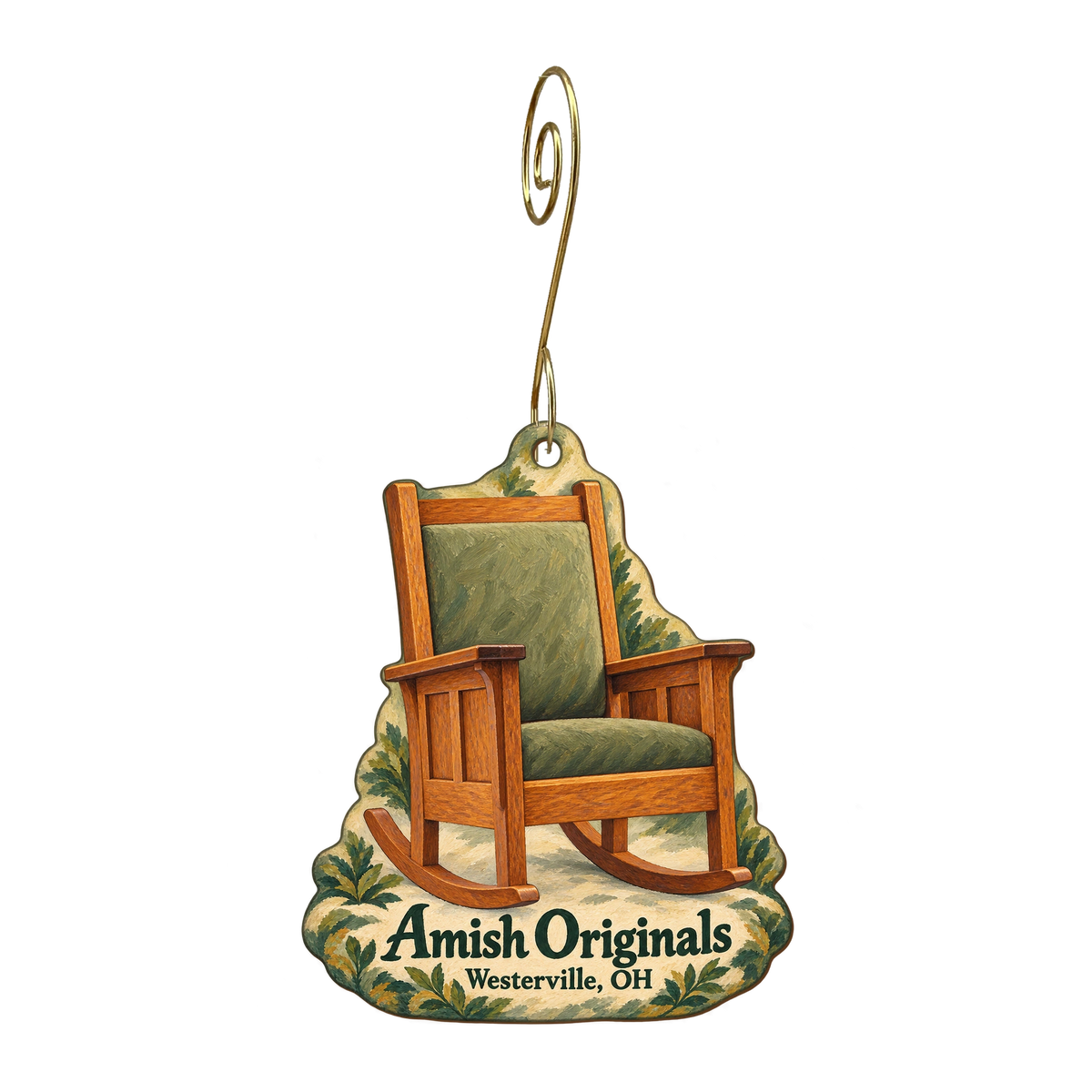 Amish Originals — Store identity custom wood ornament OC1859, photographic gold spiral hook