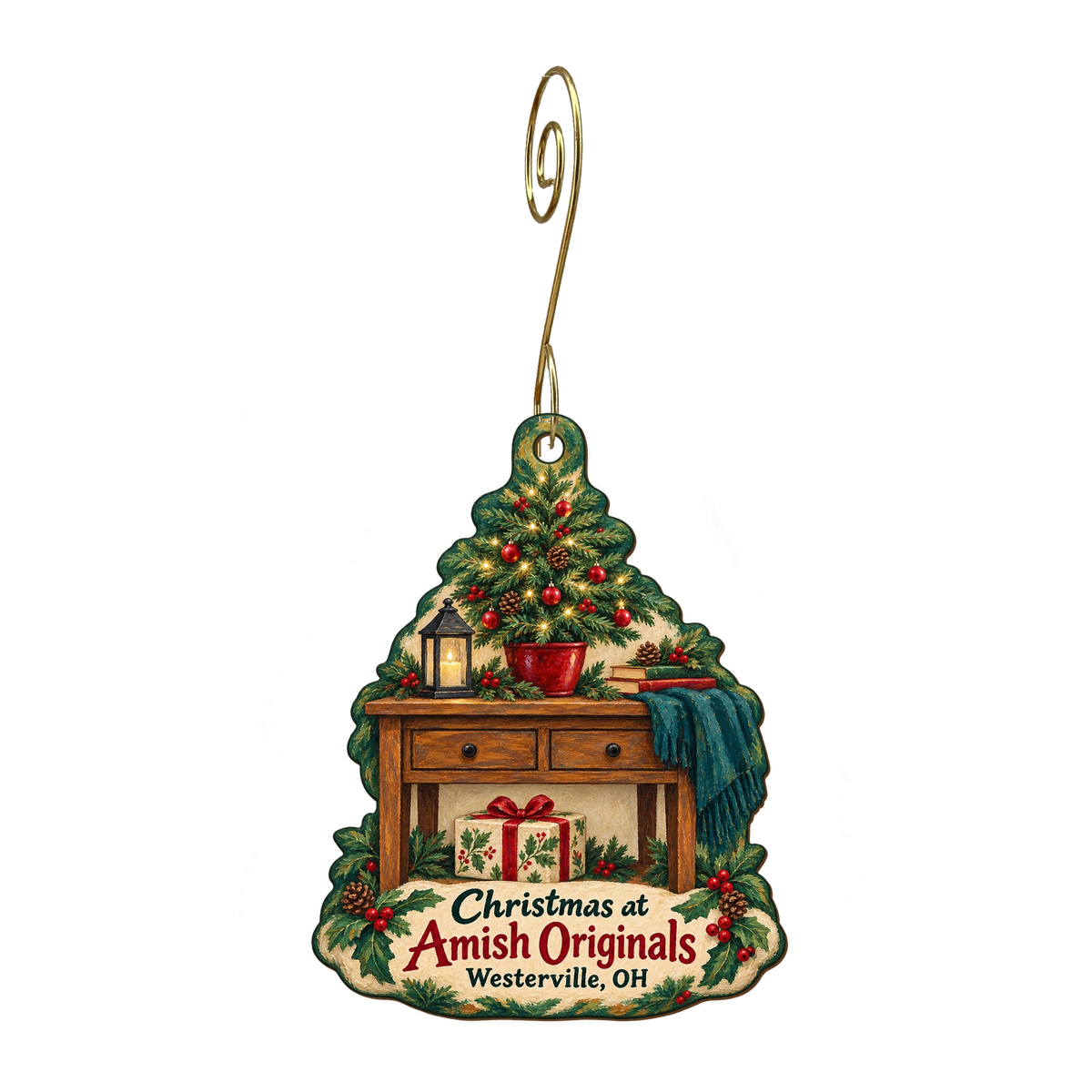Amish Originals — Christmas custom wood ornament OC1860, photographic gold spiral hook