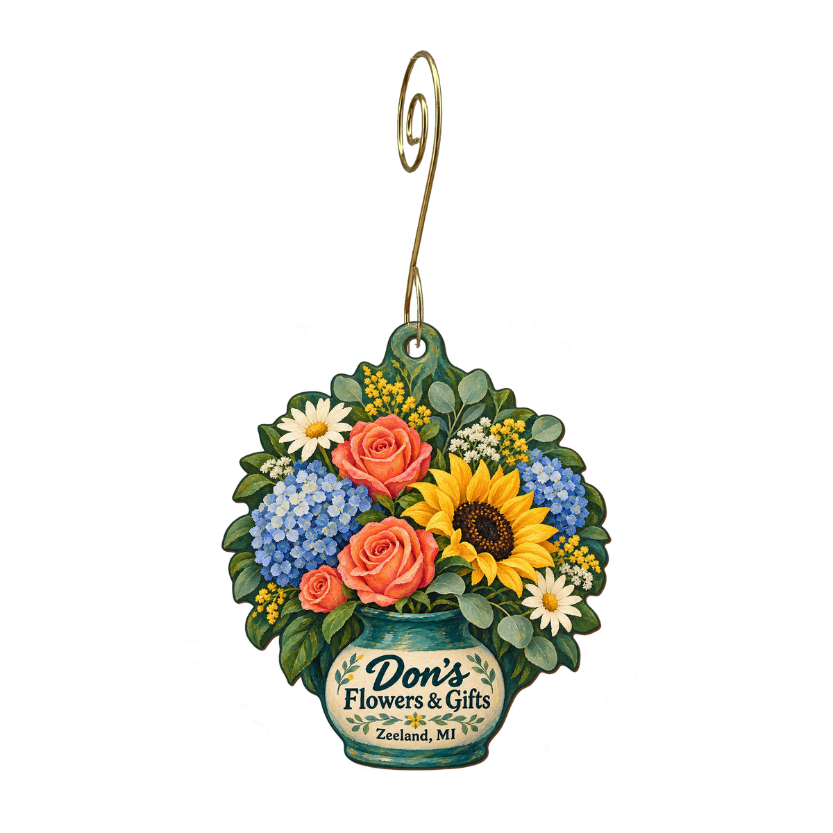 Don's Flowers & Gifts — Store identity custom wood ornament OC1862, photographic gold spiral hook