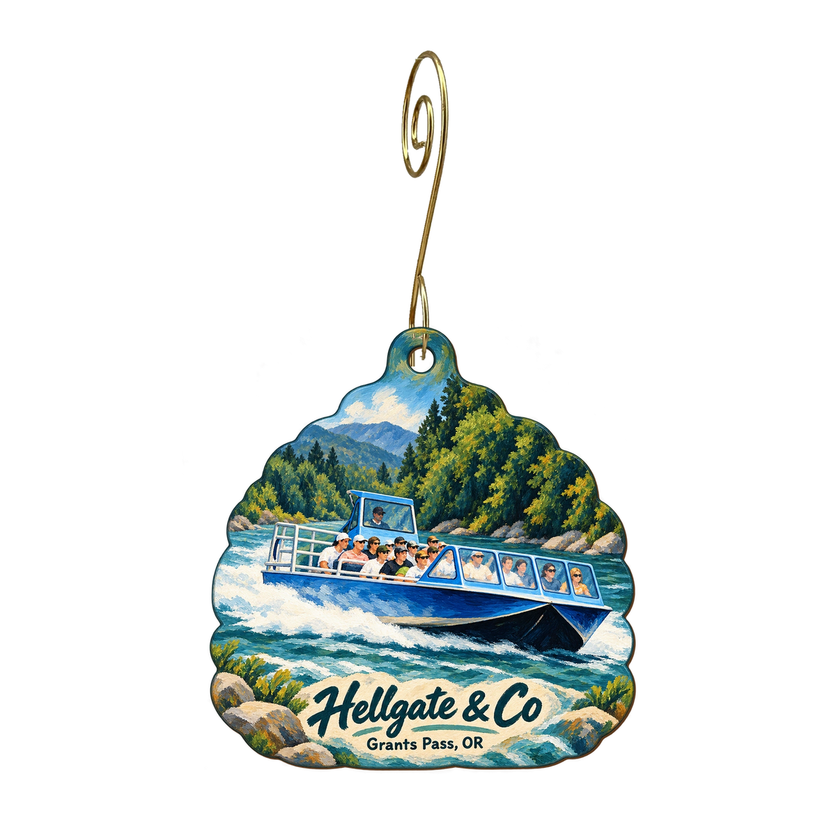 Hellgate & Co — Store identity custom wood ornament OC1865, photographic gold spiral hook