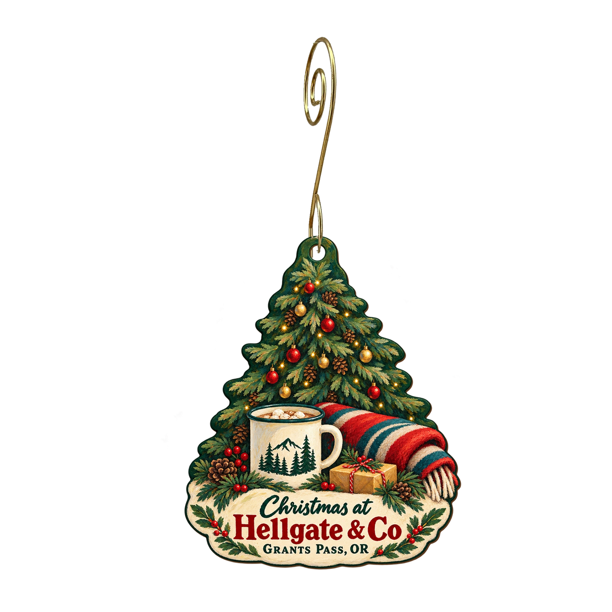 Hellgate & Co — Christmas custom wood ornament OC1866, photographic gold spiral hook