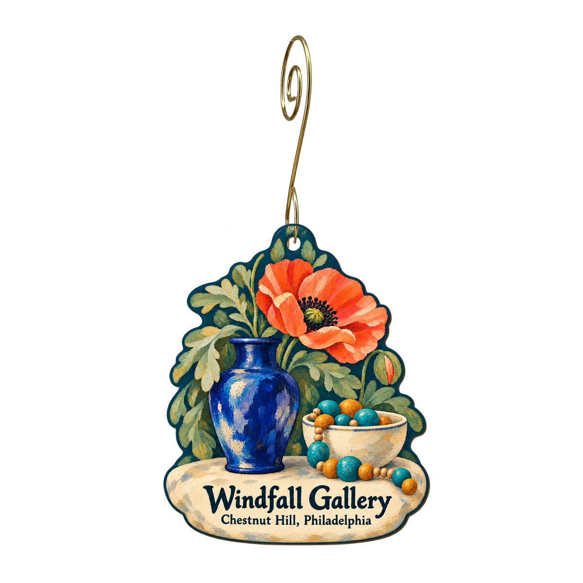 Windfall Gallery — Store identity custom wood ornament OC1868, photographic gold spiral hook