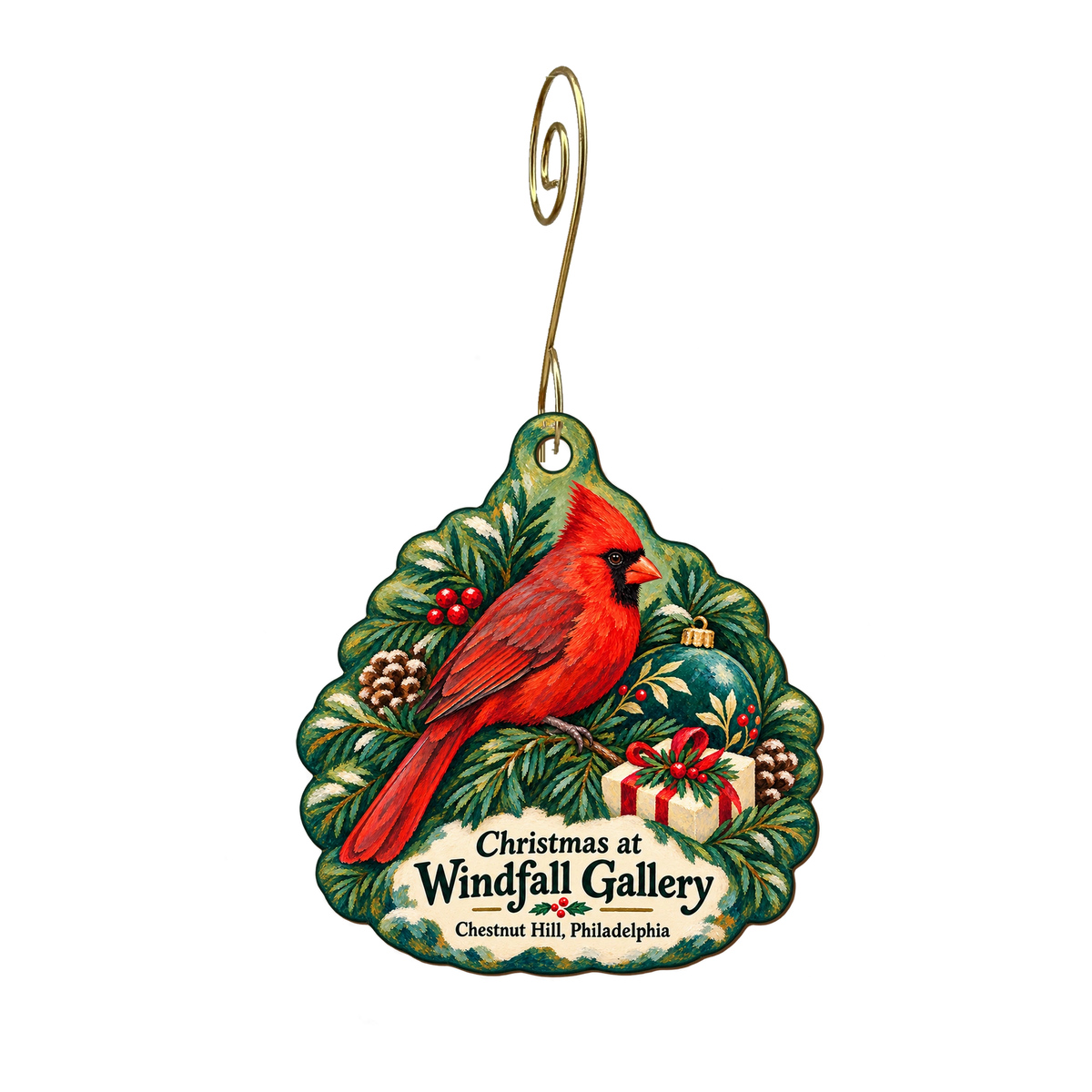 Windfall Gallery — Christmas custom wood ornament OC1869, photographic gold spiral hook