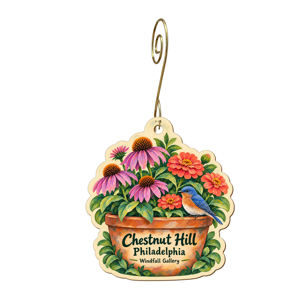 Windfall Gallery — Local inspiration custom wood ornament OC1870, photographic gold spiral hook