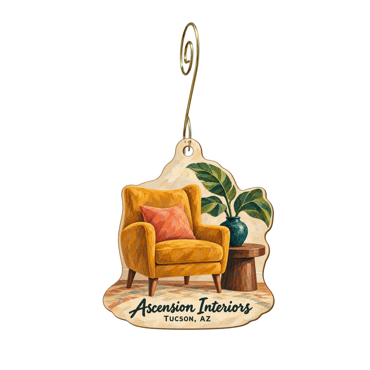Ascension Interiors — Store identity custom wood ornament OC1871, photographic gold spiral hook