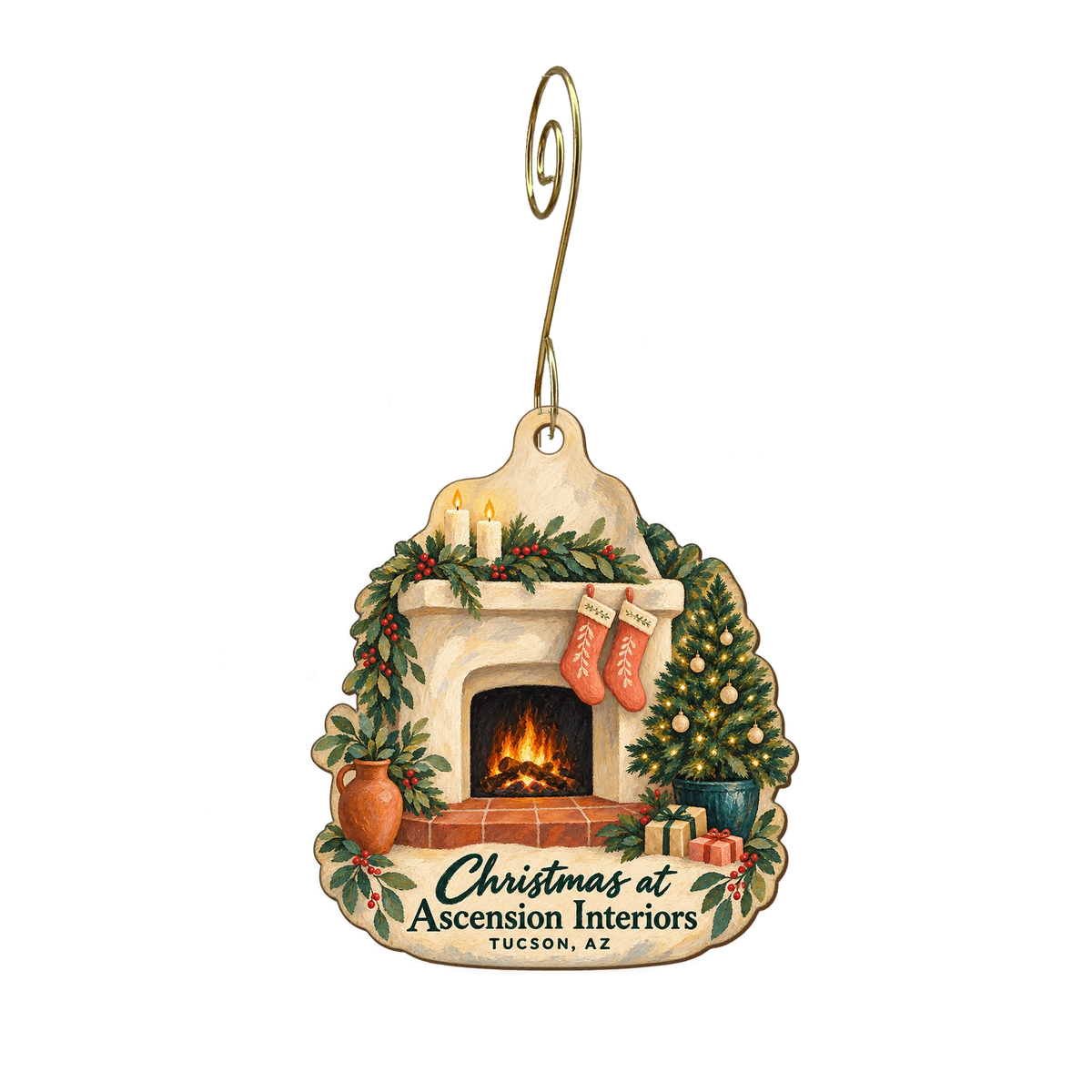 Ascension Interiors — Christmas custom wood ornament OC1872, photographic gold spiral hook