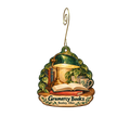 Gramercy Books — Store identity custom wood ornament OC1877, photographic gold spiral hook