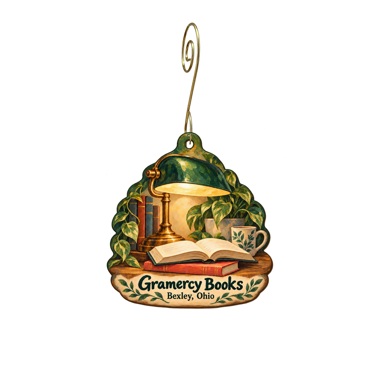 Gramercy Books — Store identity custom wood ornament OC1877, photographic gold spiral hook