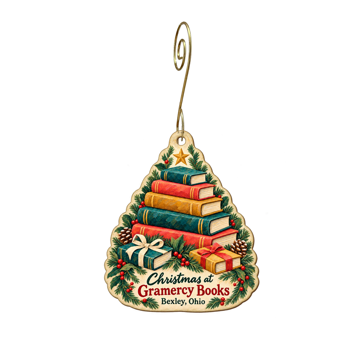 Gramercy Books — Christmas custom wood ornament OC1878, photographic gold spiral hook