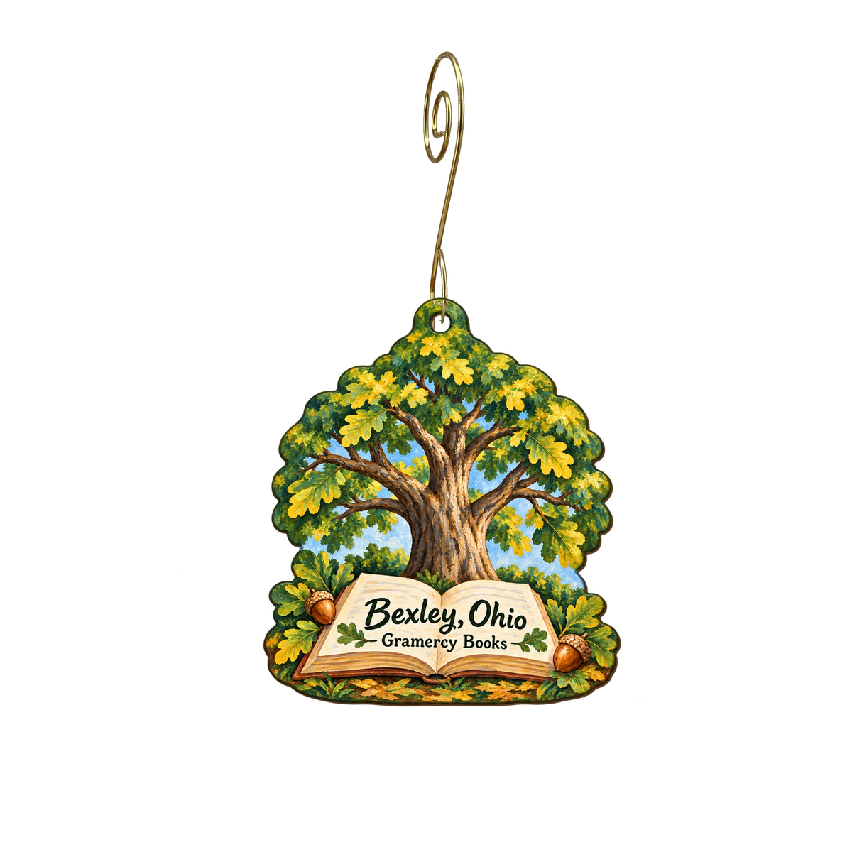 Gramercy Books — Local inspiration custom wood ornament OC1879, photographic gold spiral hook