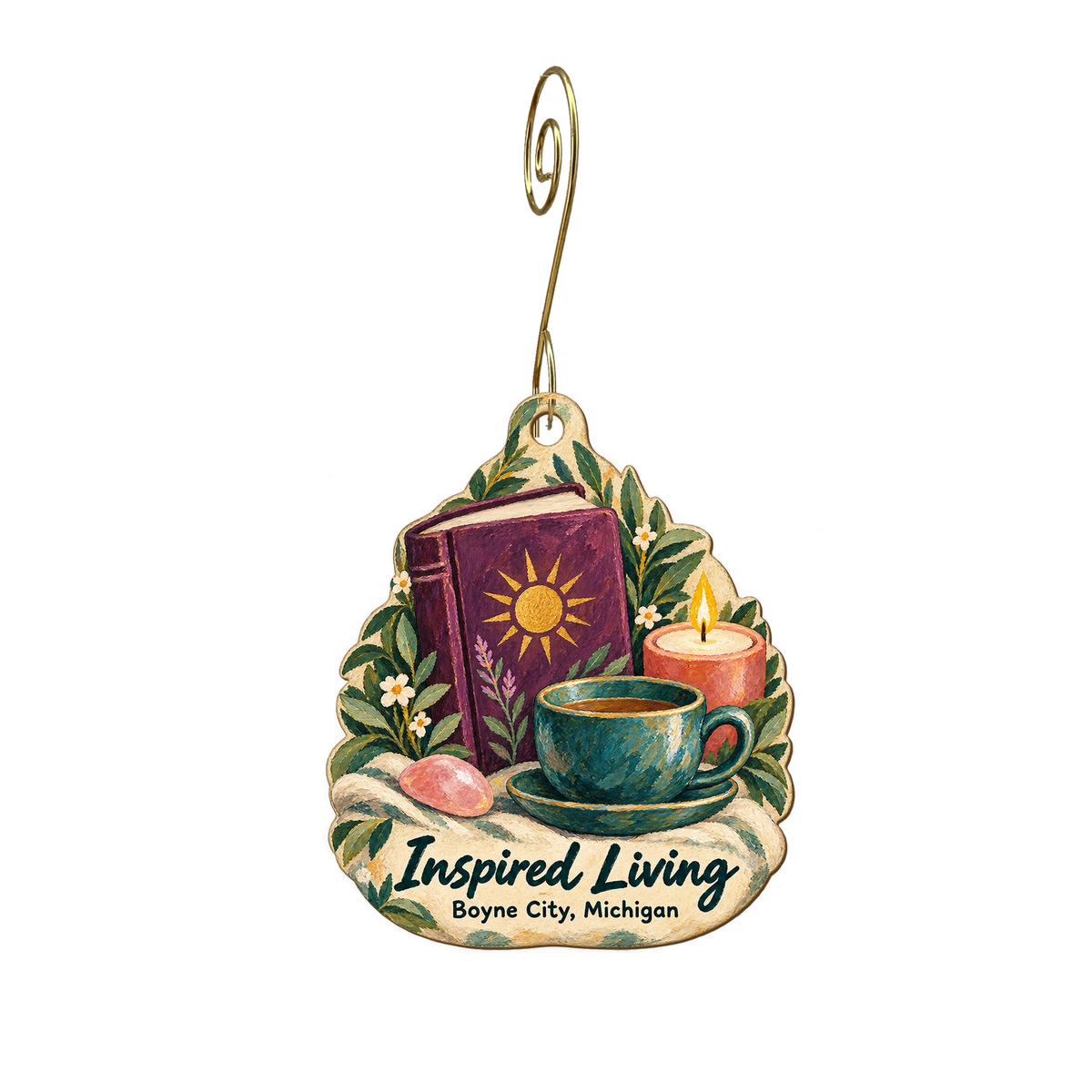 Inspired Living — Store identity custom wood ornament OC1880, photographic gold spiral hook
