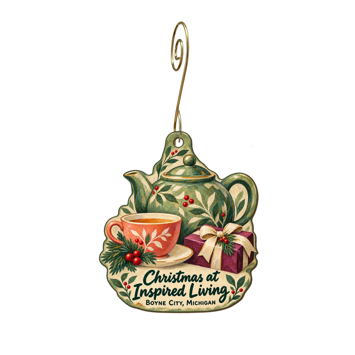 Inspired Living — Christmas custom wood ornament OC1881, photographic gold spiral hook