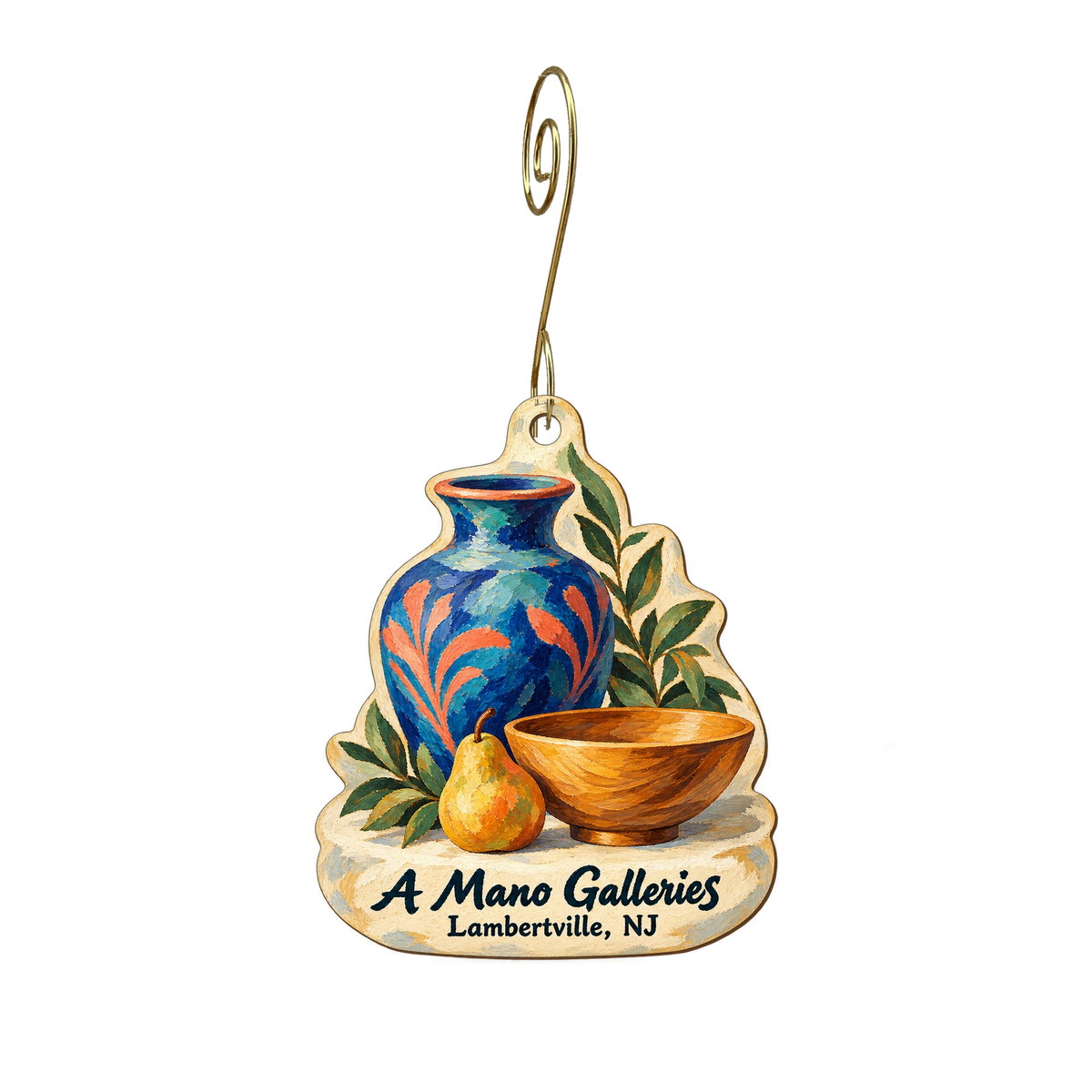 A Mano Galleries — Store identity custom wood ornament OC1883, photographic gold spiral hook