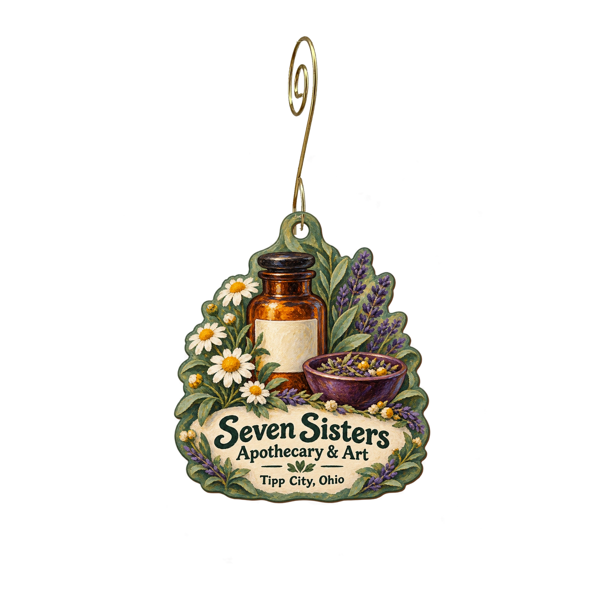 Seven Sisters Apothecary & Art — Store identity custom wood ornament OC1886, photographic gold spiral hook