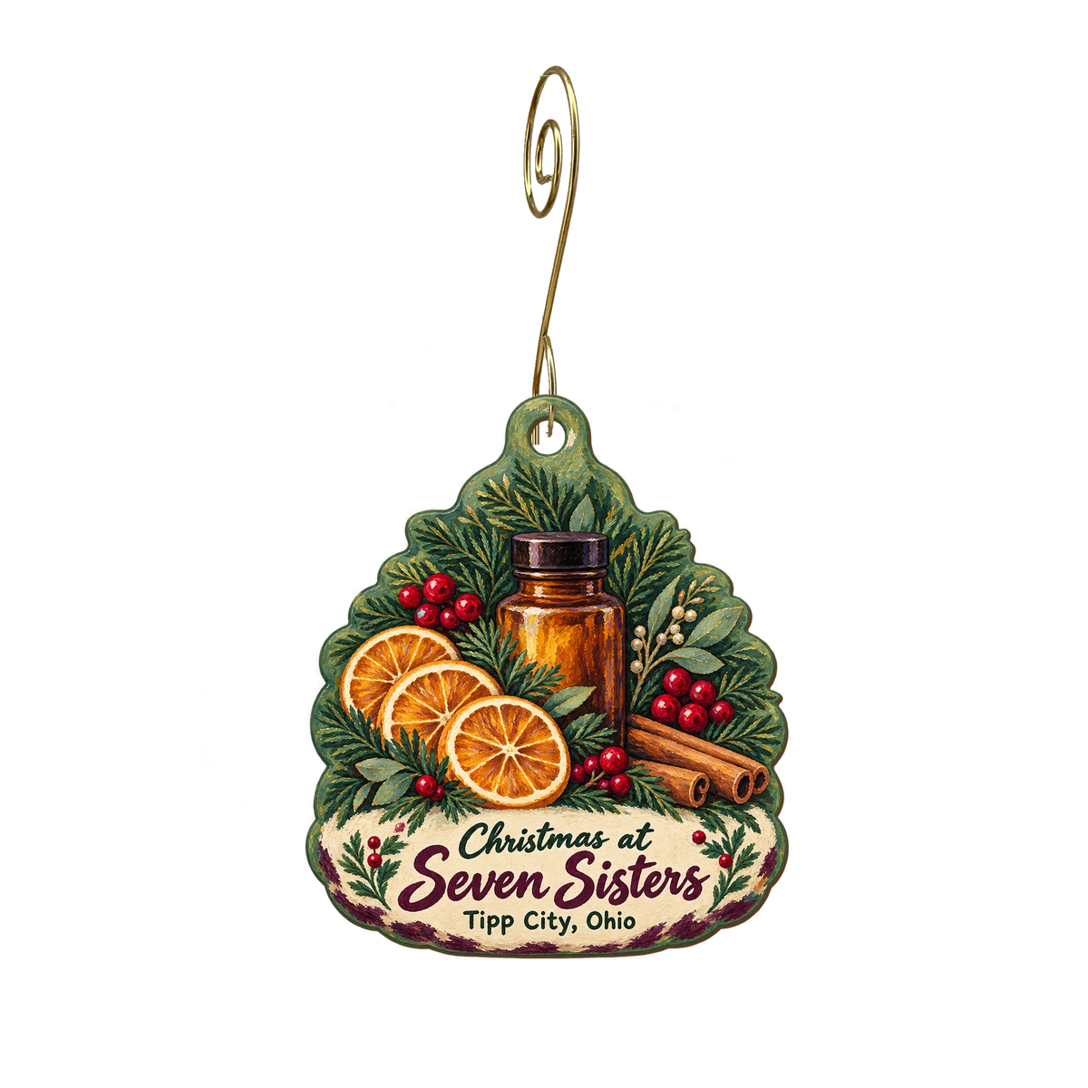 Seven Sisters Apothecary & Art — Christmas custom wood ornament OC1887, photographic gold spiral hook