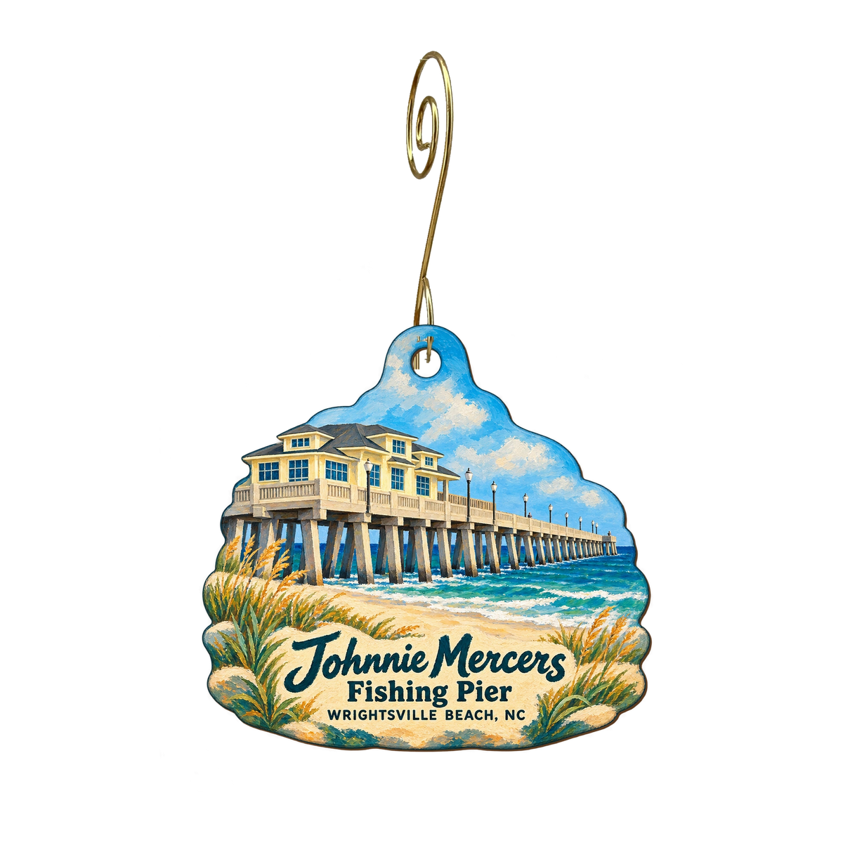 Johnnie Mercers Fishing Pier — Store identity custom wood ornament OC1889, photographic gold spiral hook