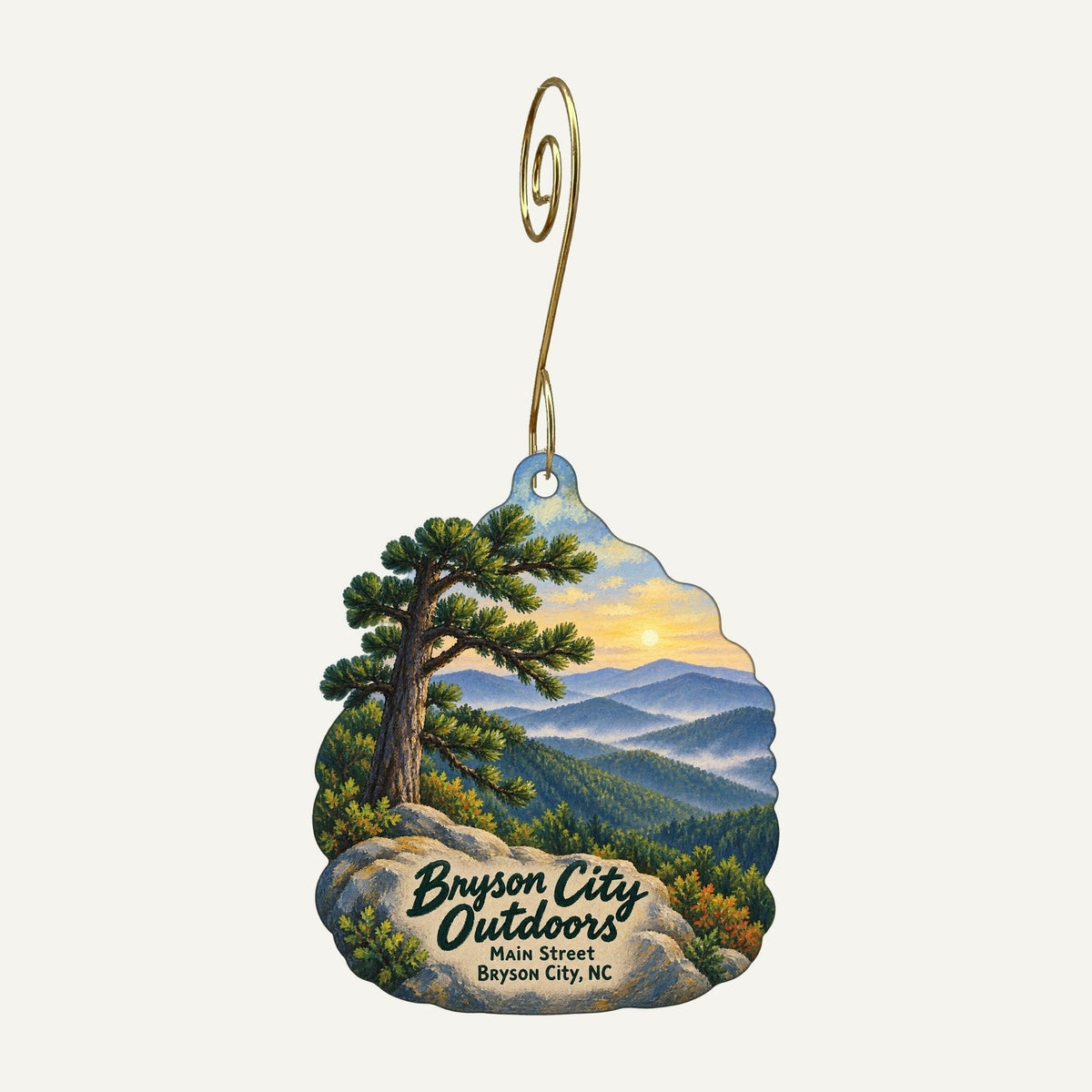 Bryson City Outdoors Logo custom wood ornament OC188 hanging on hook