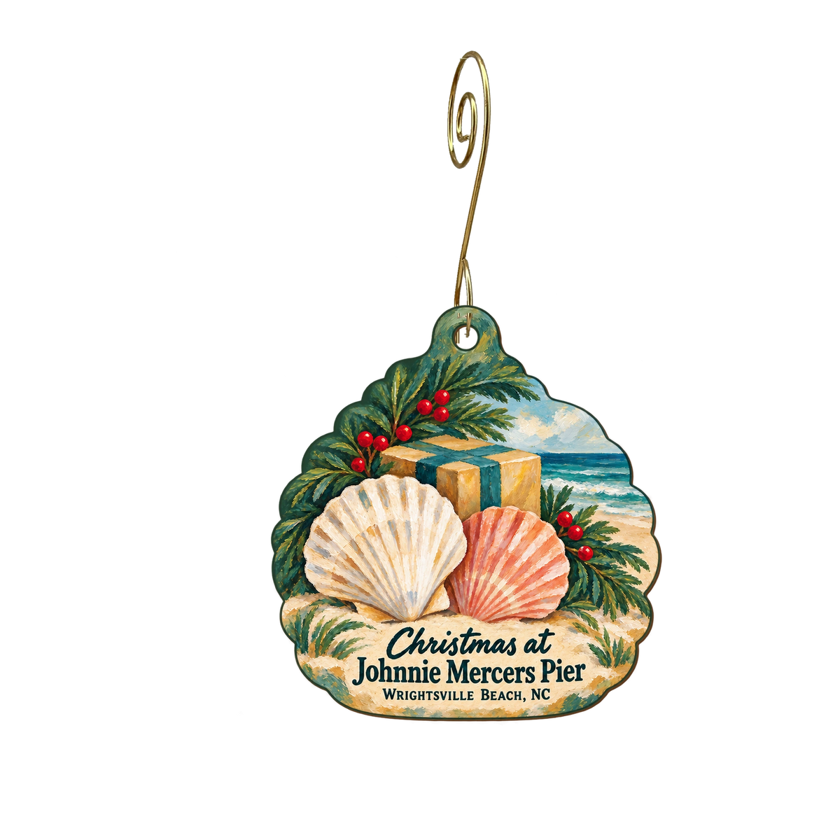 Johnnie Mercers Fishing Pier — Christmas custom wood ornament OC1890, photographic gold spiral hook