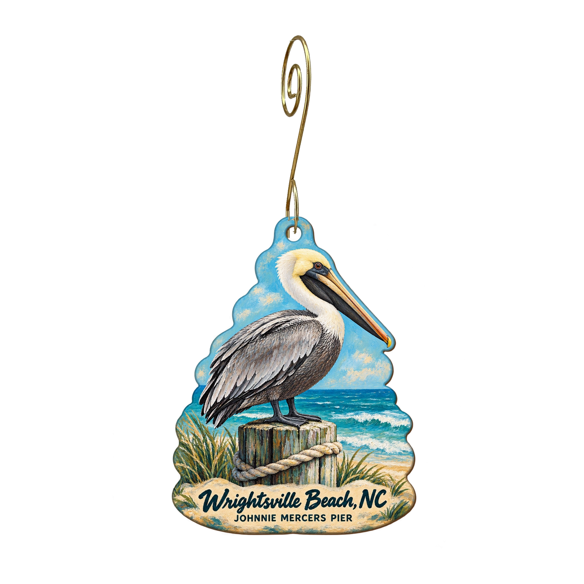 Johnnie Mercers Fishing Pier — Local inspiration custom wood ornament OC1891, photographic gold spiral hook