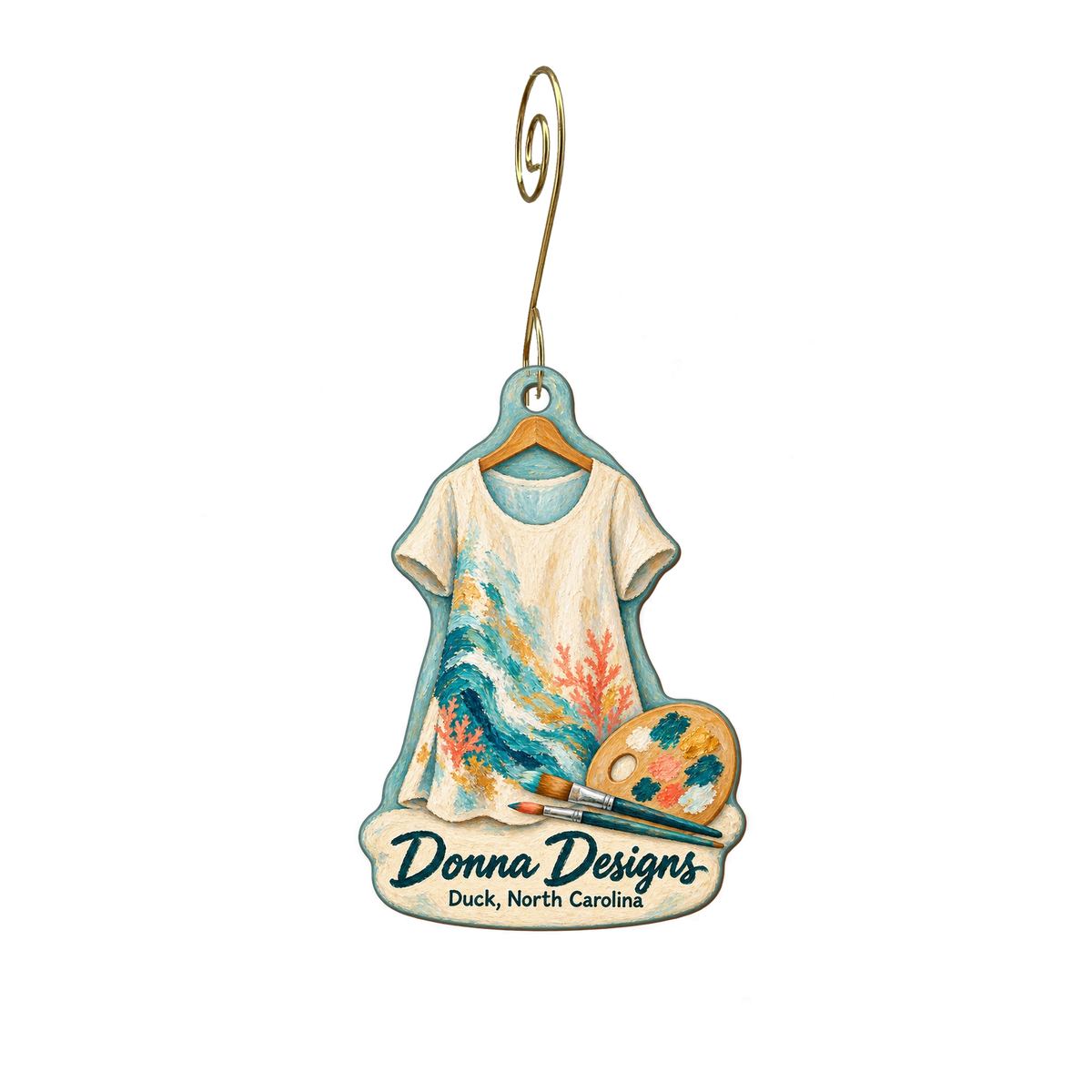 Donna Designs — Store identity custom wood ornament OC1892, photographic gold spiral hook