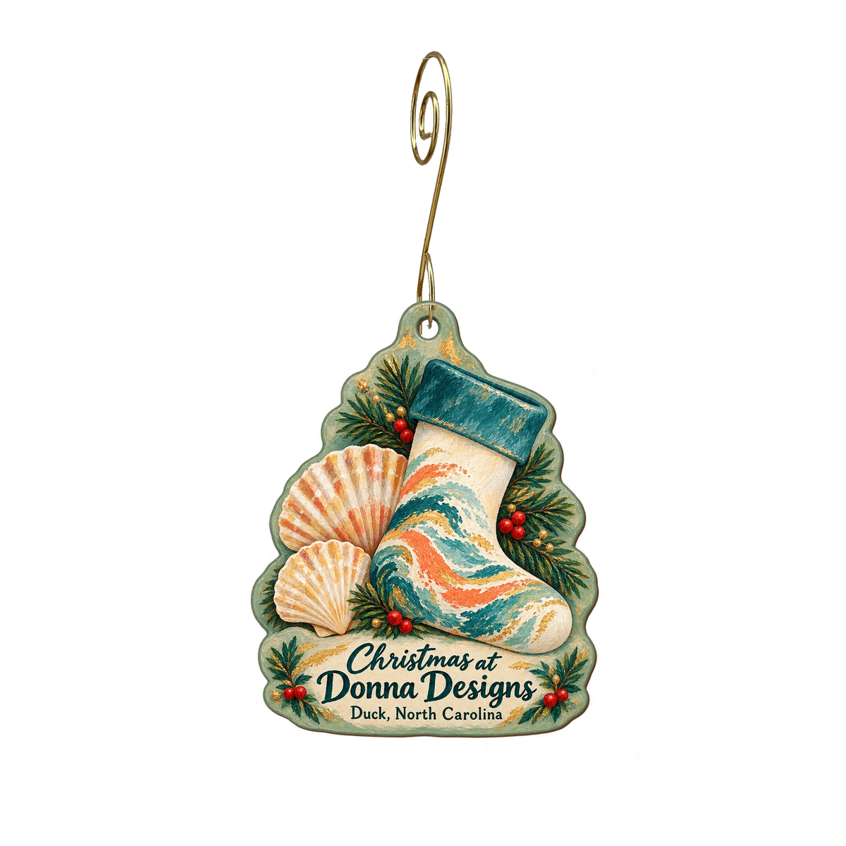 Donna Designs — Christmas custom wood ornament OC1893, photographic gold spiral hook