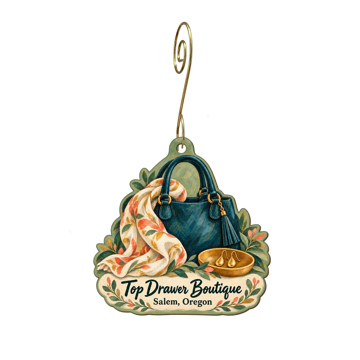 Top Drawer Boutique — Store identity custom wood ornament OC1895, photographic gold spiral hook