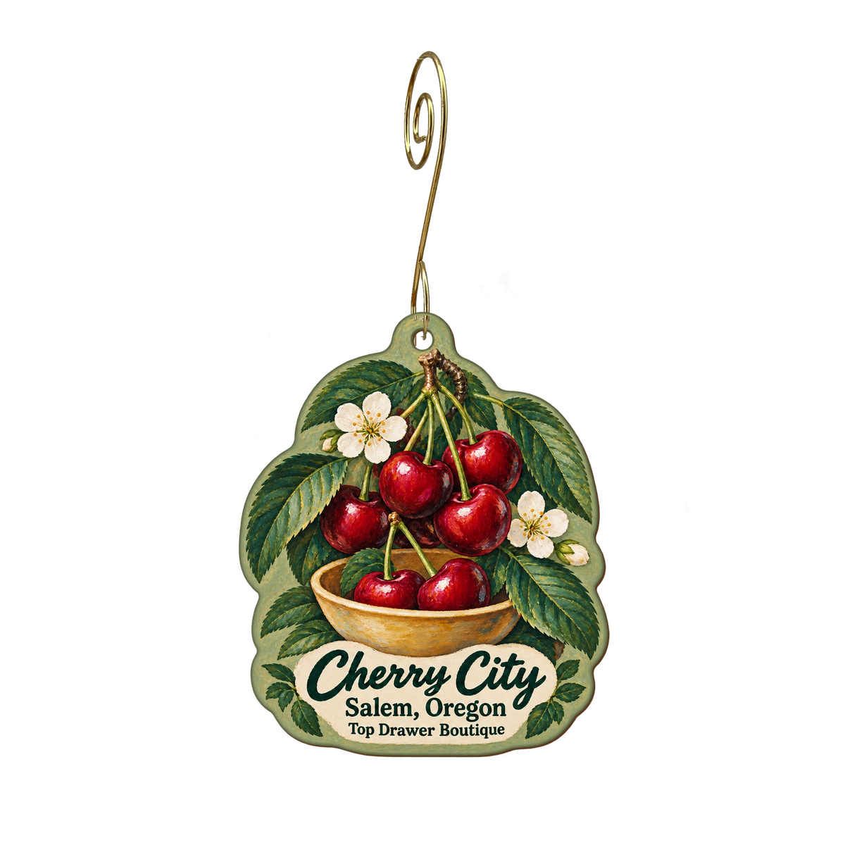 Top Drawer Boutique — Local inspiration custom wood ornament OC1897, photographic gold spiral hook
