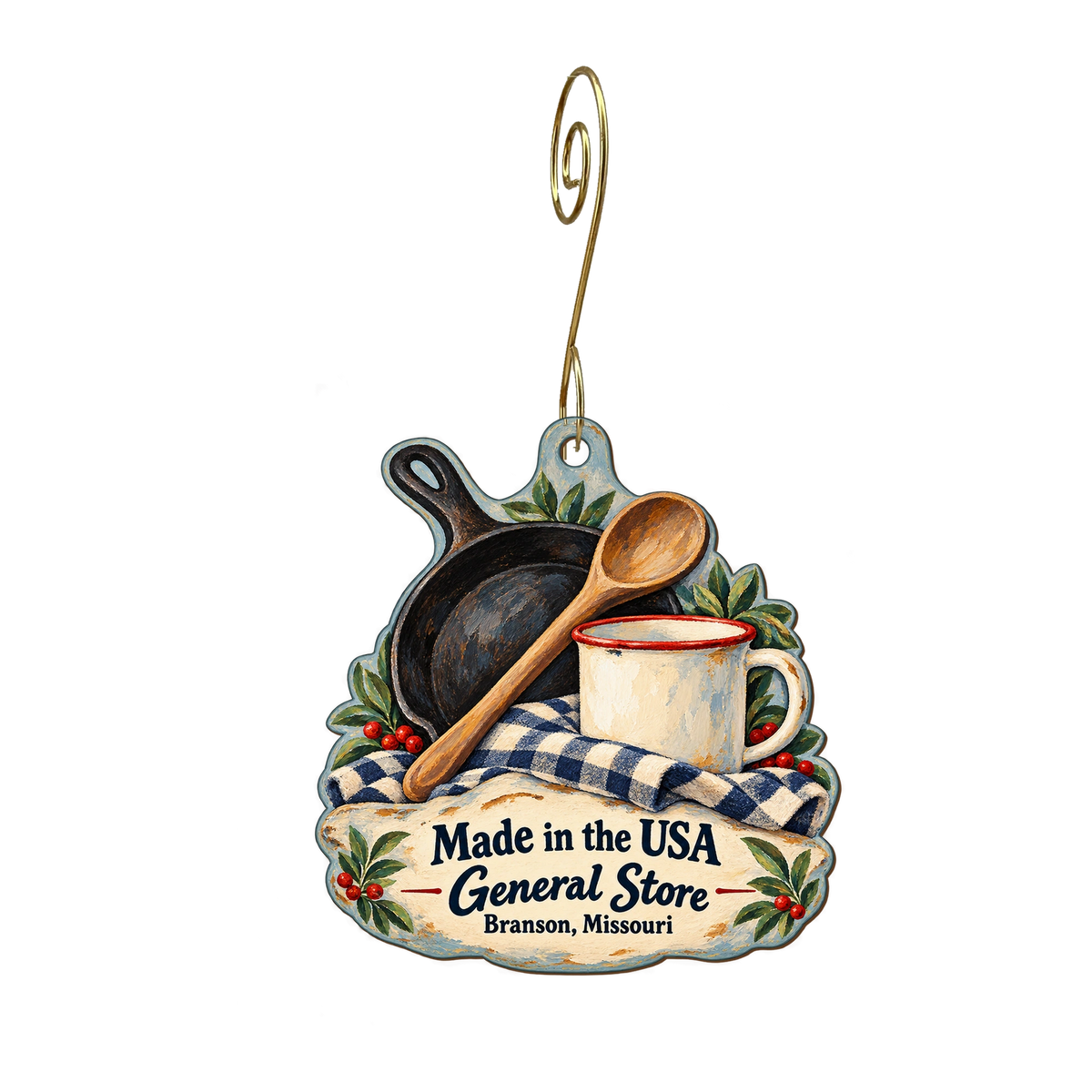 Made in the USA General Store — Store identity custom wood ornament OC1898, photographic gold spiral hook