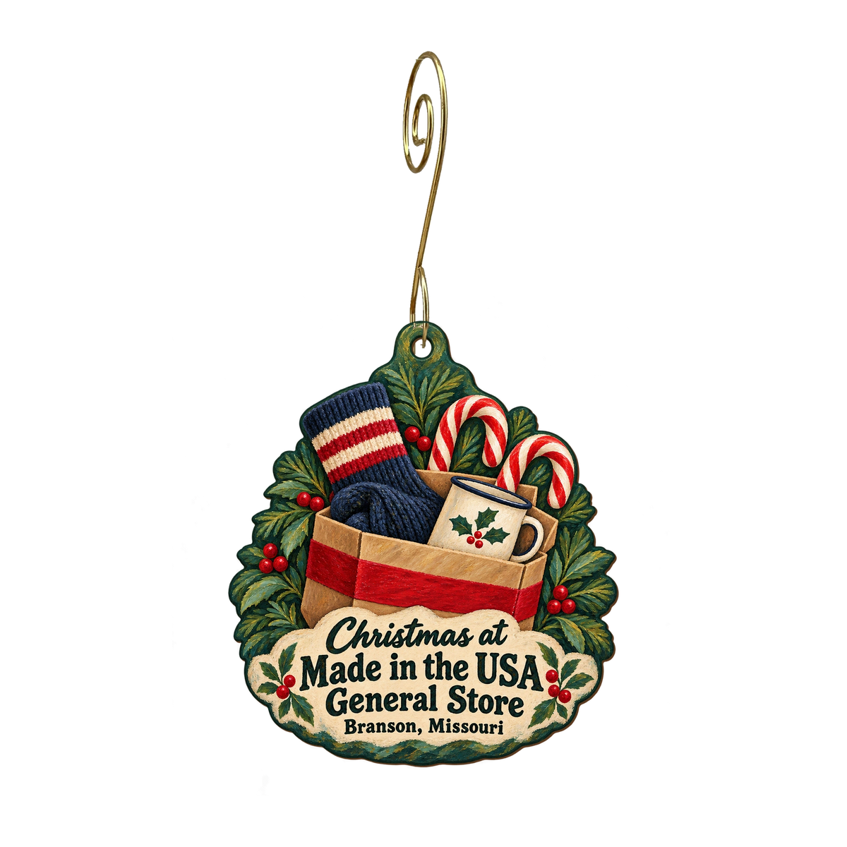 Made in the USA General Store — Christmas custom wood ornament OC1899, photographic gold spiral hook