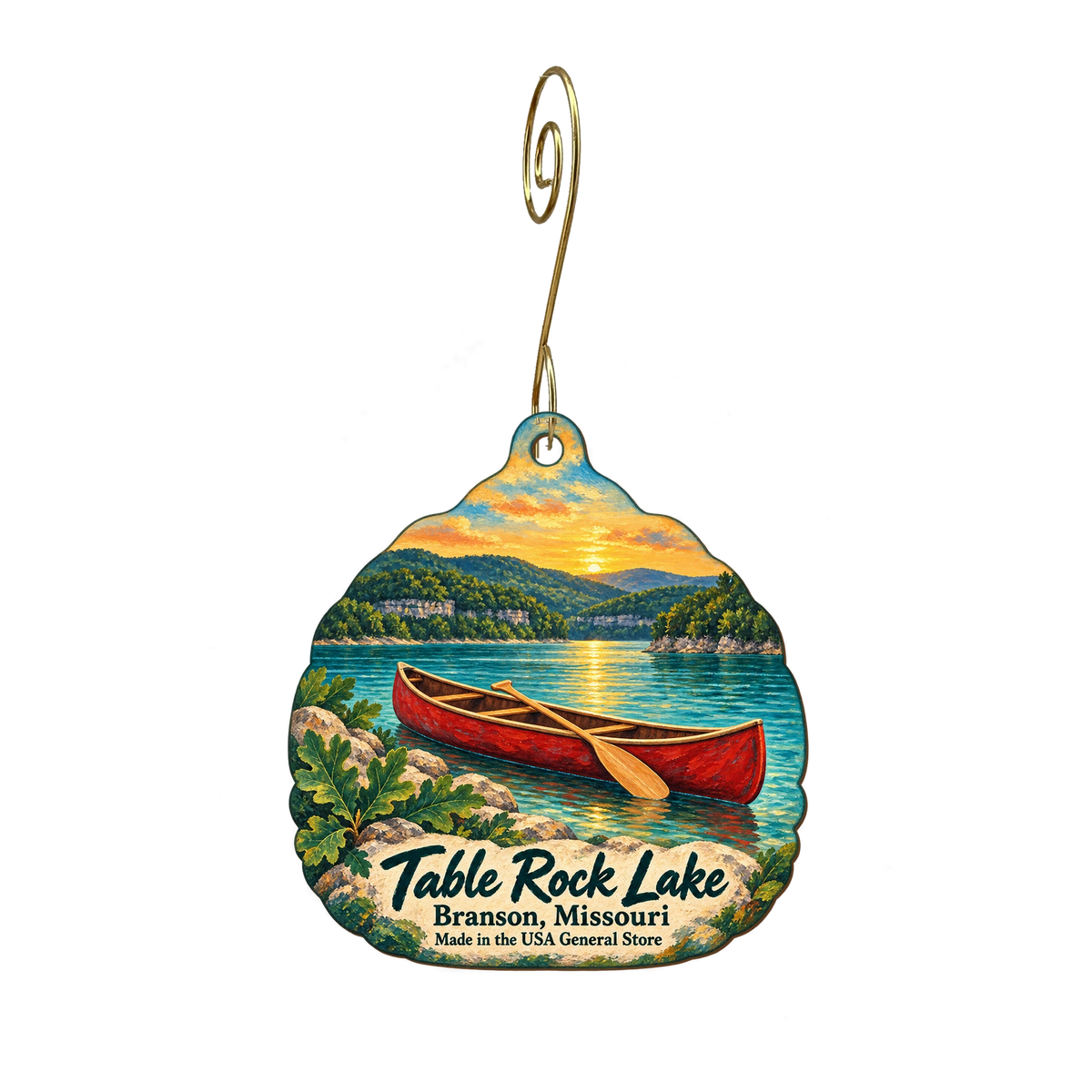 Made in the USA General Store — Local inspiration custom wood ornament OC1900, photographic gold spiral hook