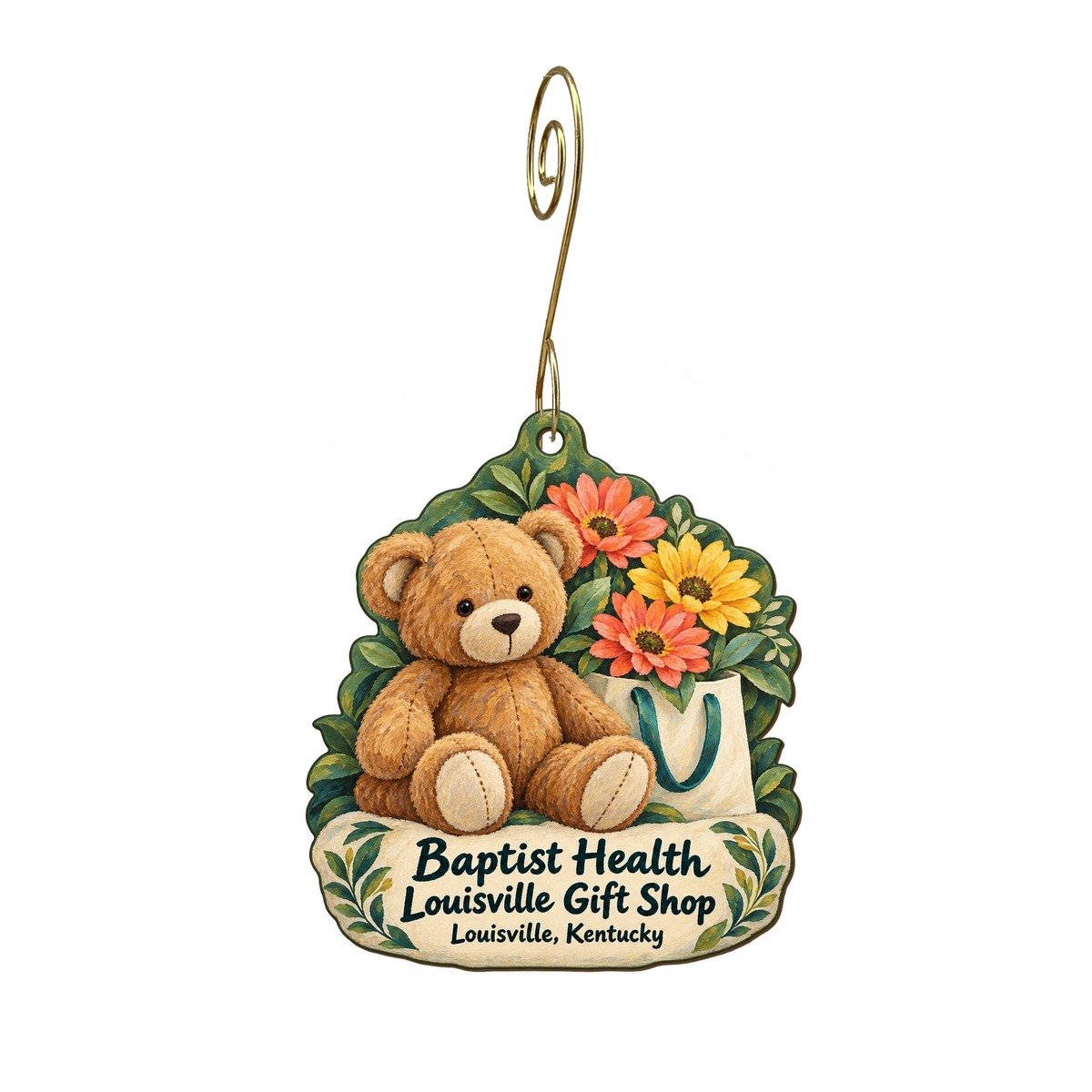 Baptist Health Louisville Gift Shop — Store identity custom wood ornament OC1901, photographic gold spiral hook