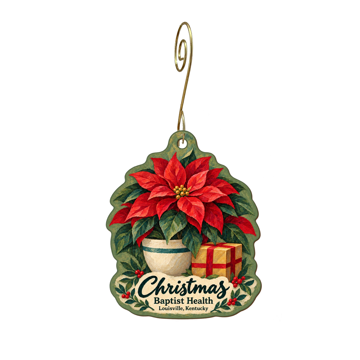 Baptist Health Louisville Gift Shop — Christmas custom wood ornament OC1902, photographic gold spiral hook