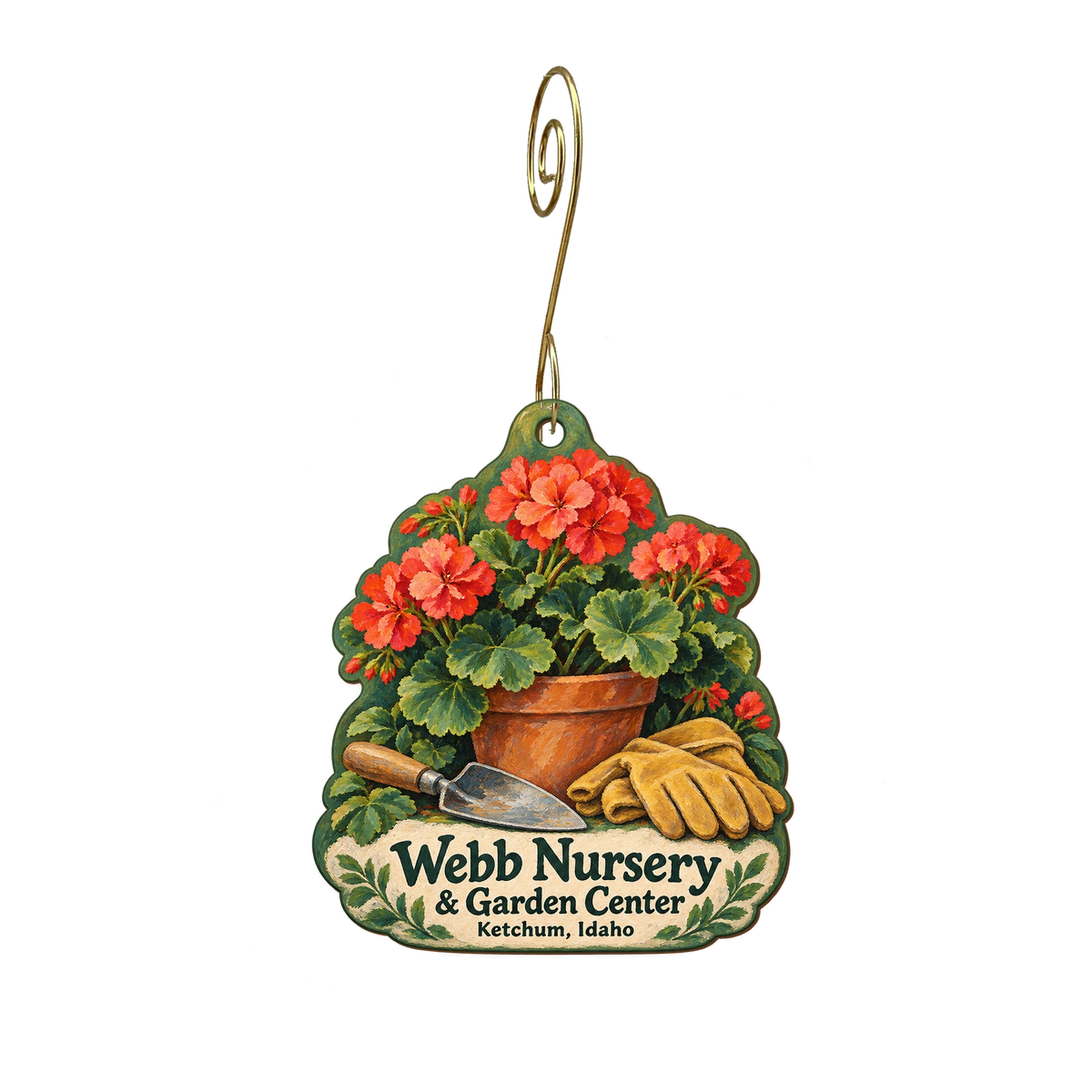Webb Nursery & Garden Center — Store identity custom wood ornament OC1904, photographic gold spiral hook