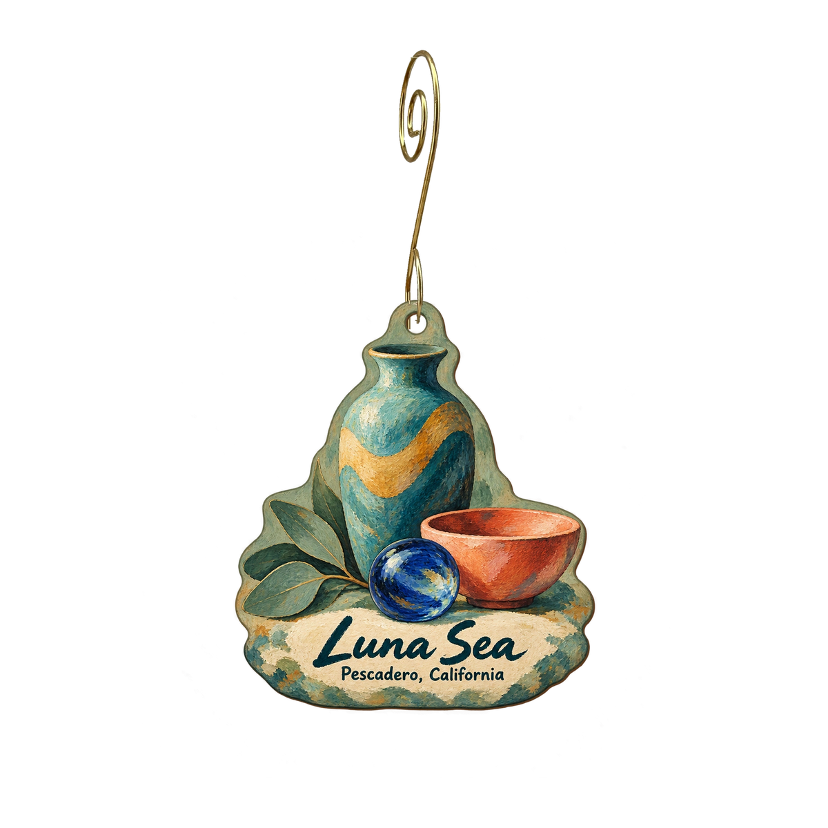 Luna Sea — Store identity custom wood ornament OC1907, photographic gold spiral hook