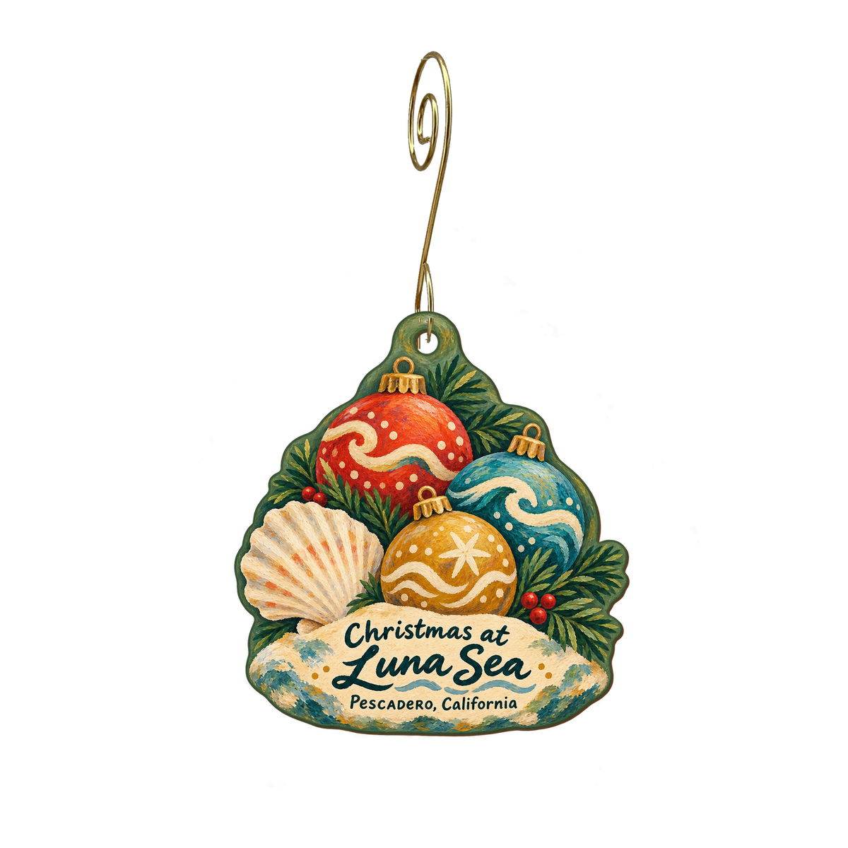 Luna Sea — Christmas custom wood ornament OC1908, photographic gold spiral hook