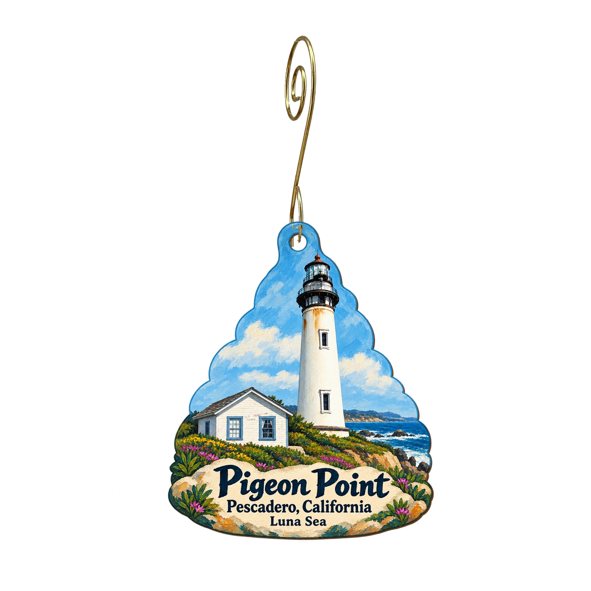 Luna Sea — Local inspiration custom wood ornament OC1909, photographic gold spiral hook