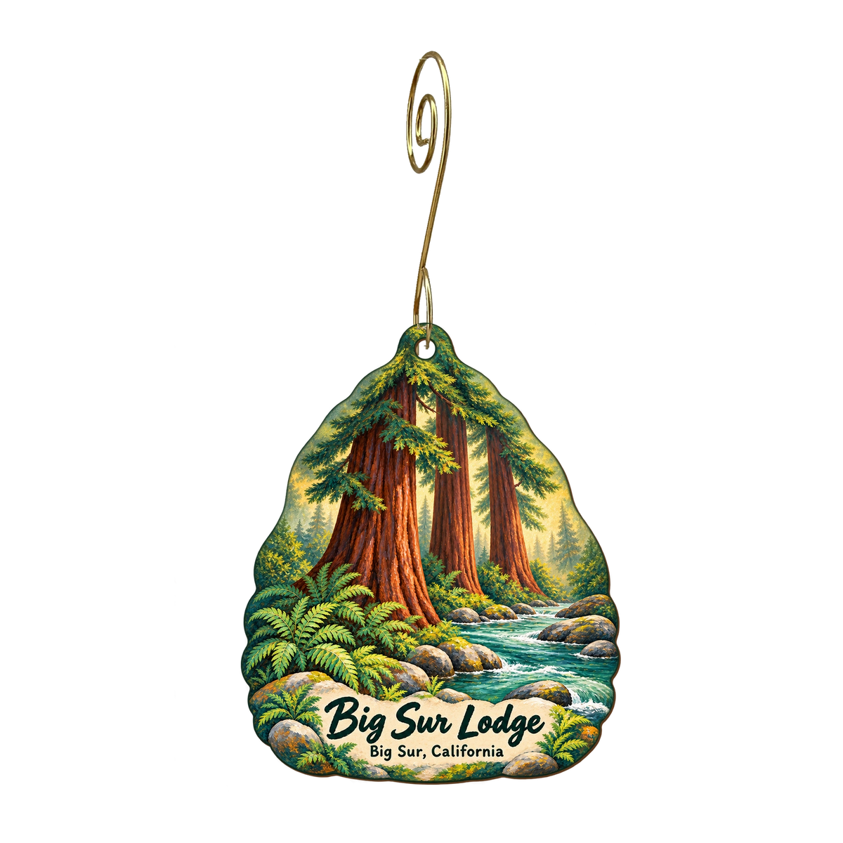 Big Sur Lodge — Store identity custom wood ornament OC1910, photographic gold spiral hook